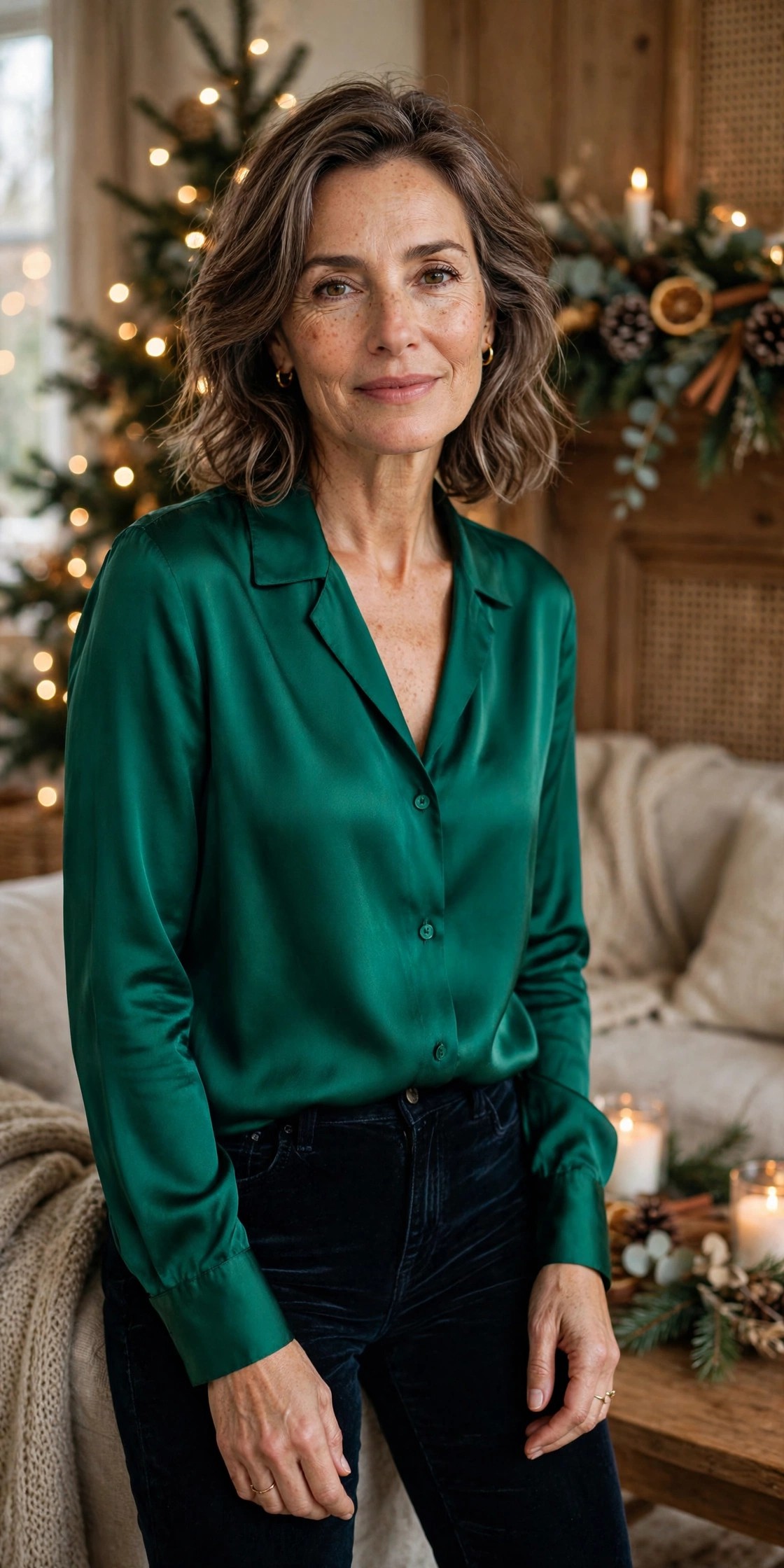 Woman over 50 wearing silk blouse and velvet jeans casual Christmas outfit