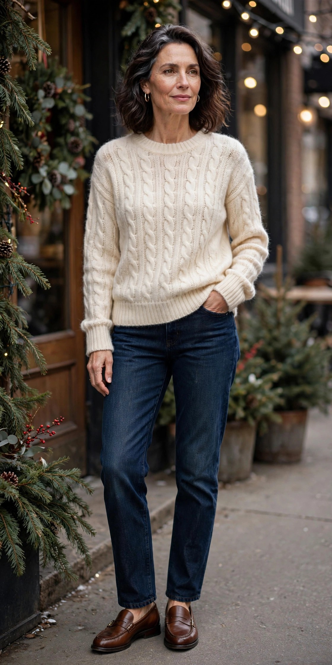 Woman over 50 in cashmere sweater and dark jeans with loafers Christmas outfit