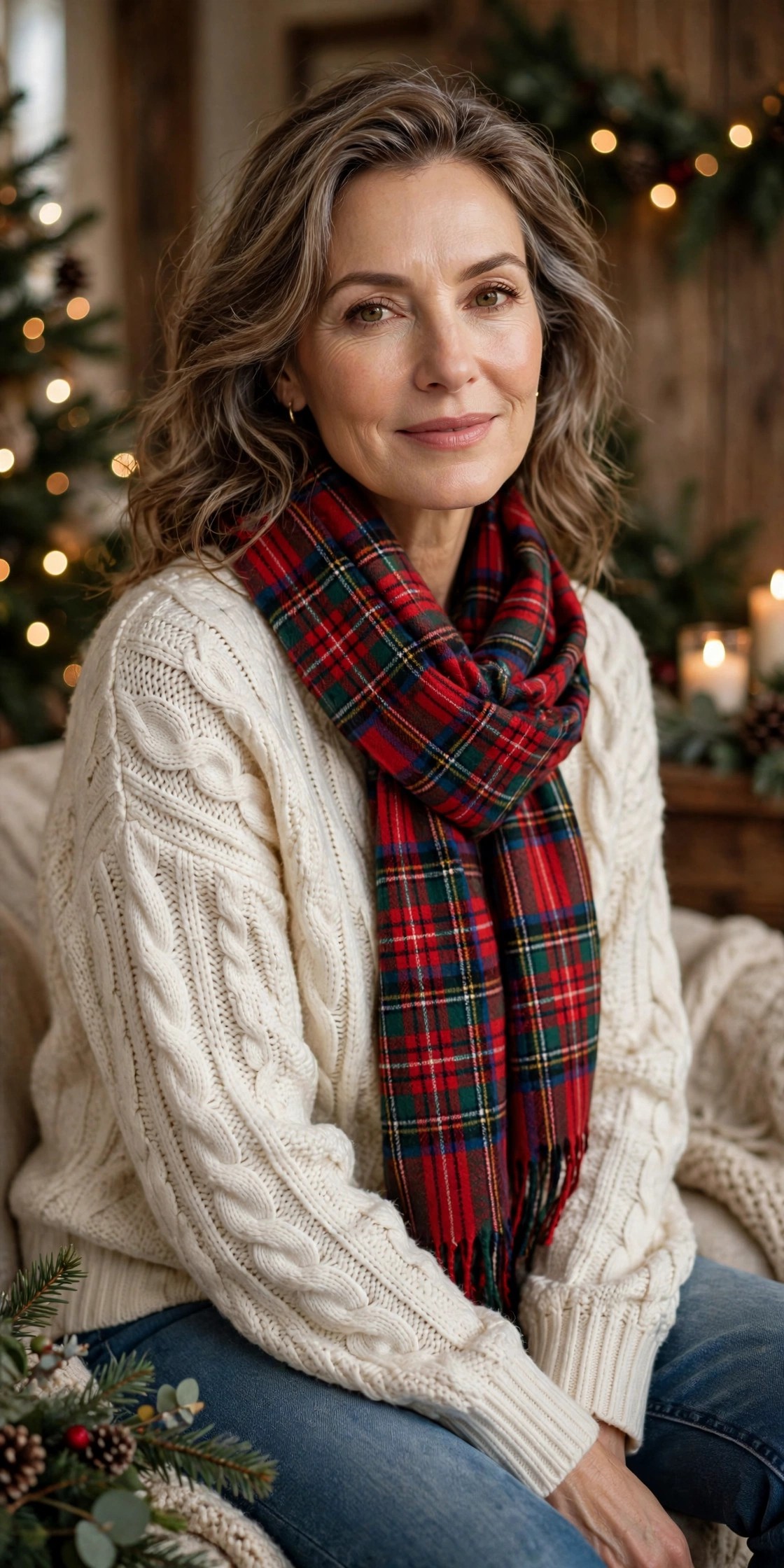 Woman over 50 in ivory fisherman sweater tartan scarf and jeans Christmas look