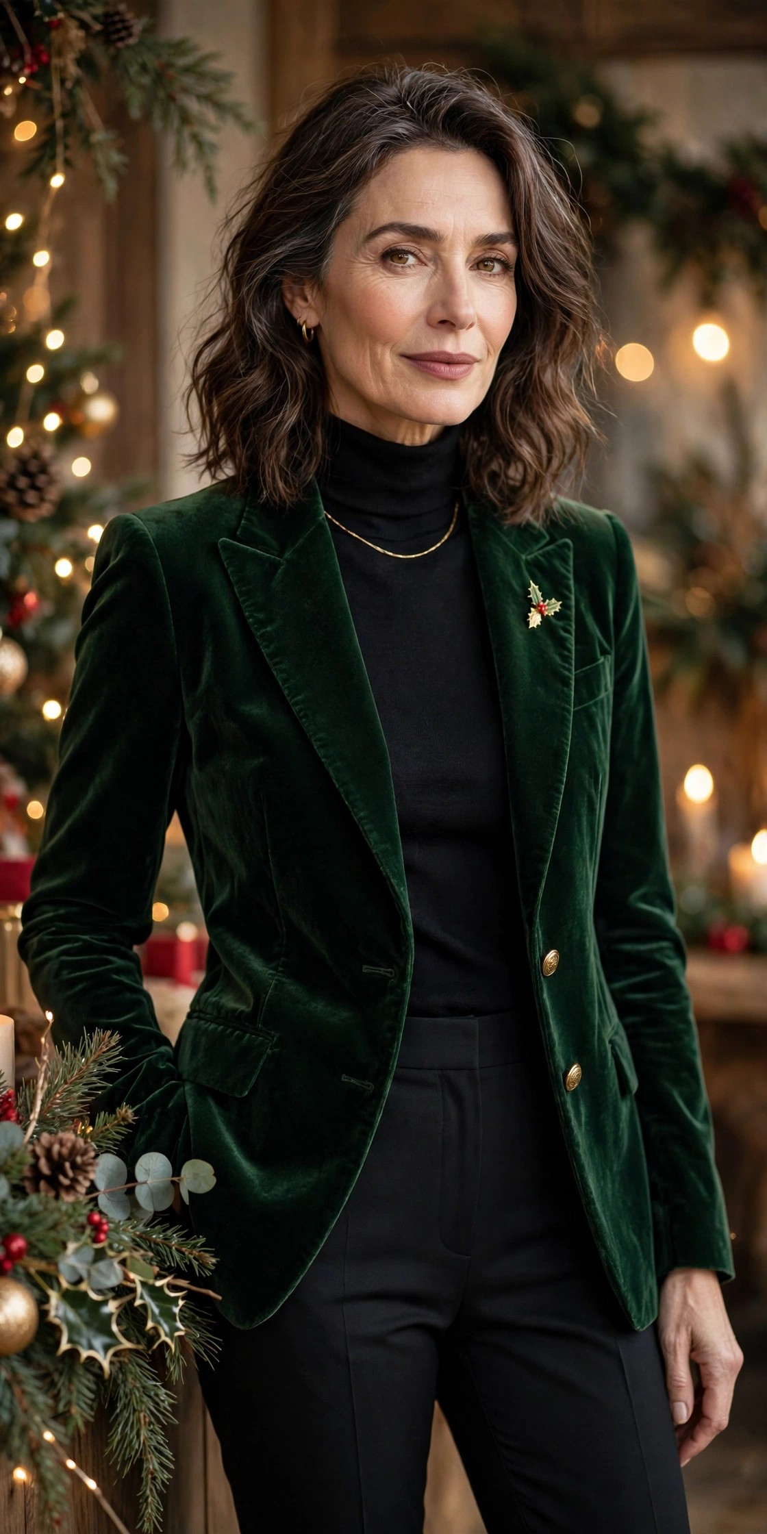 Woman over 50 wearing green velvet blazer and black pants festive Christmas outfit