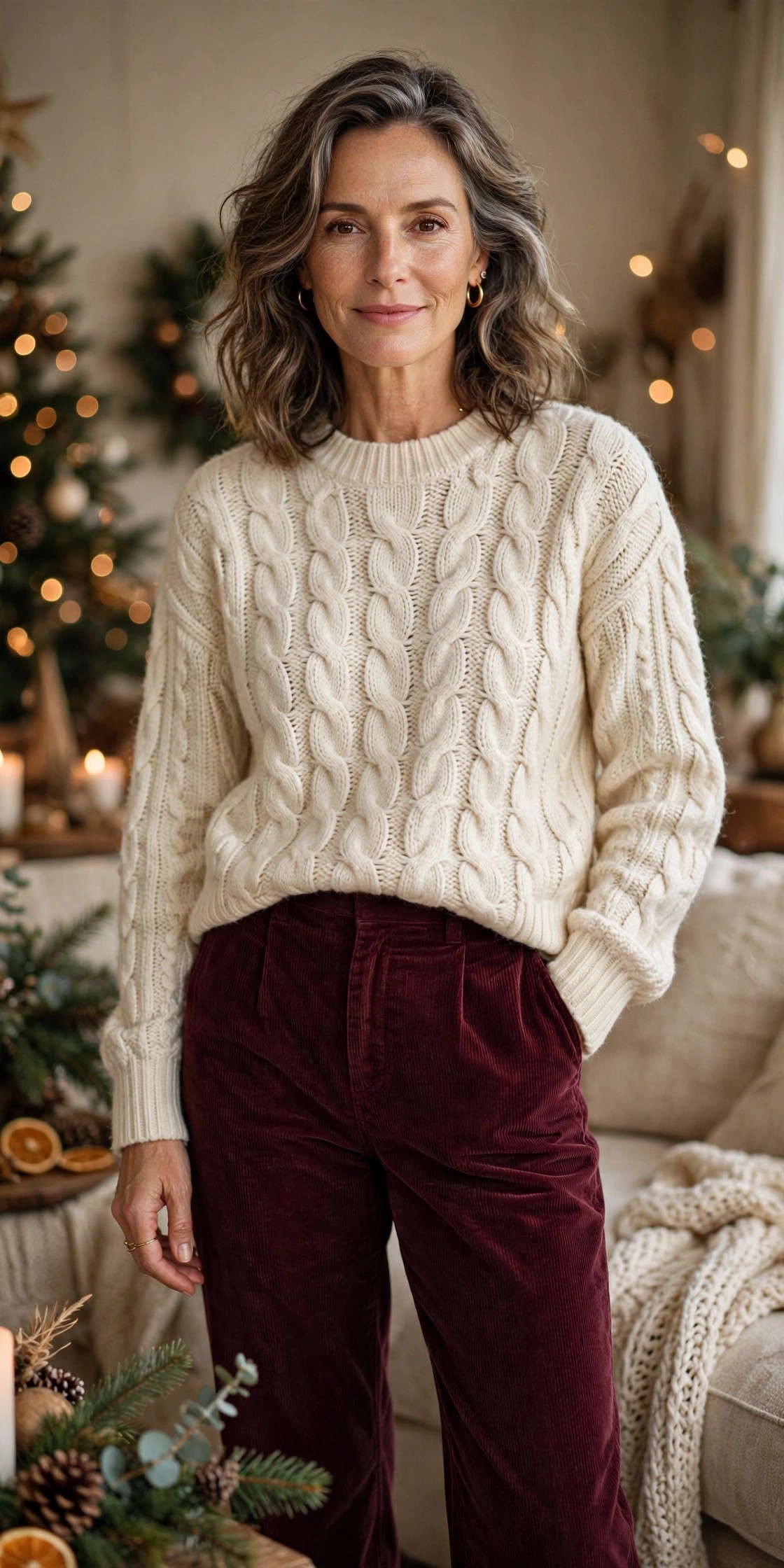 Woman over 50 wearing burgundy corduroy pants and cream cable knit sweater