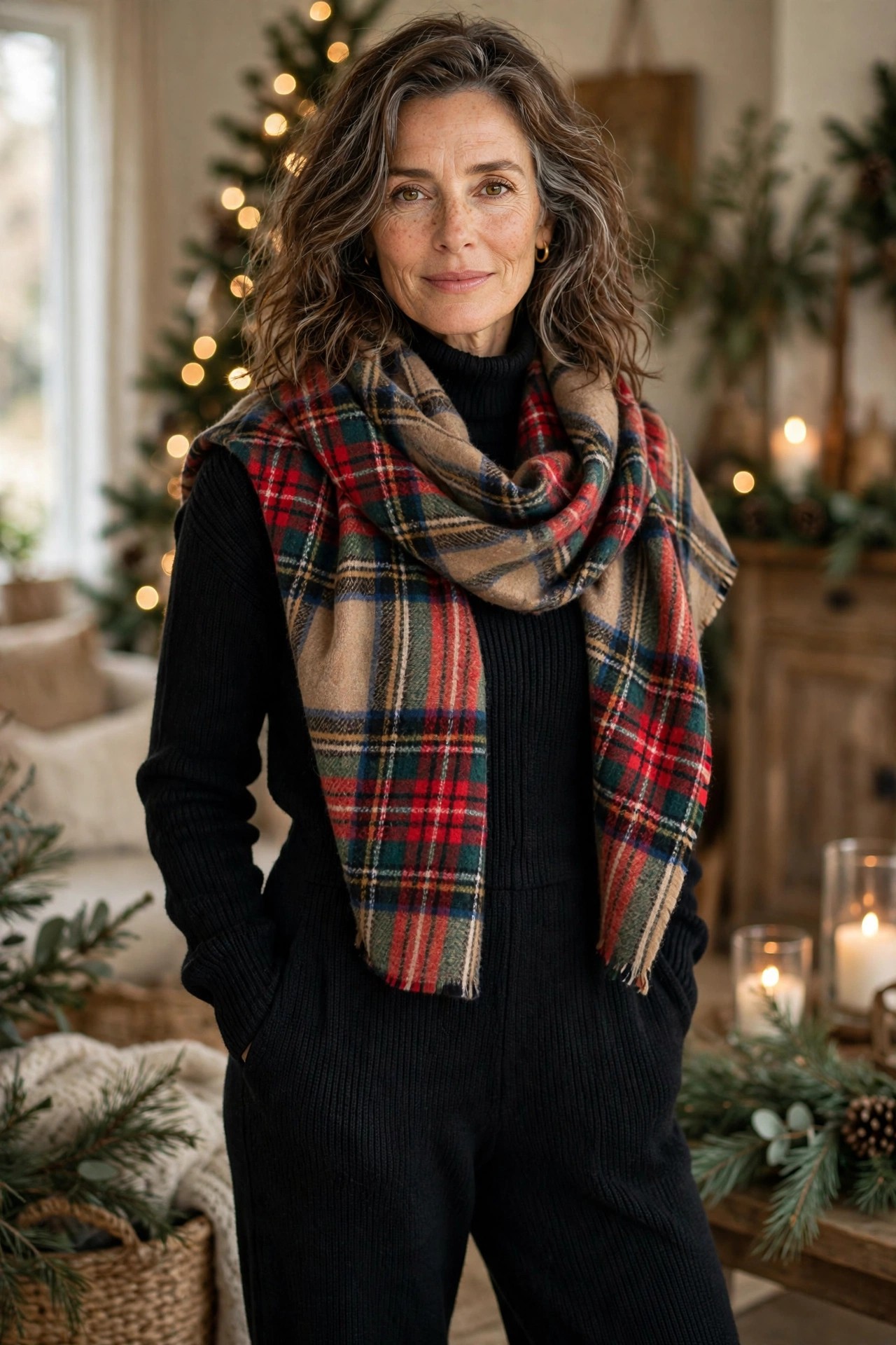 Woman over 50 in black knit jumpsuit with plaid blanket scarf Christmas outfit
