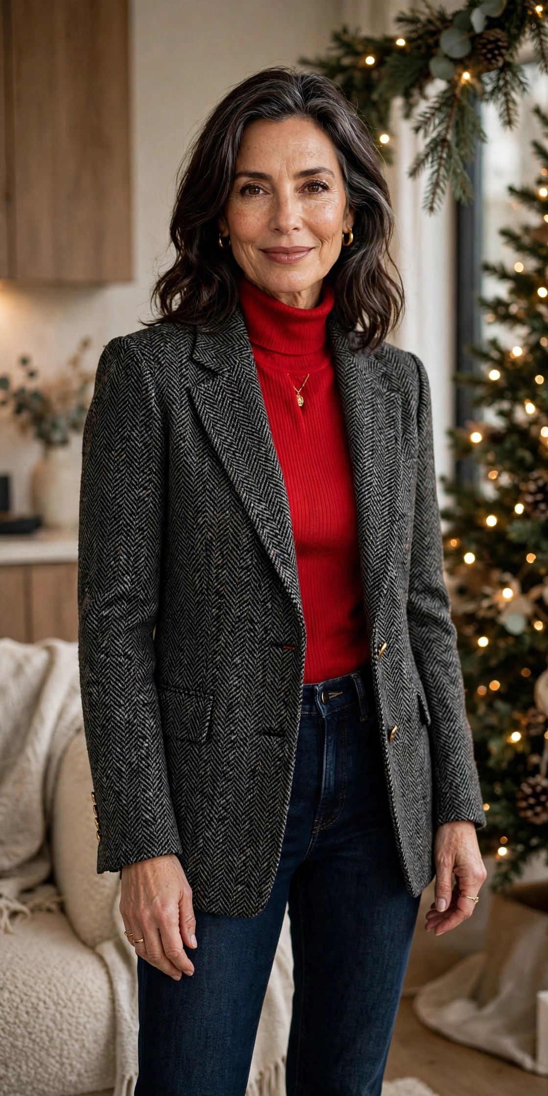 Woman over 50 wearing herringbone blazer red top and jeans Christmas outfit