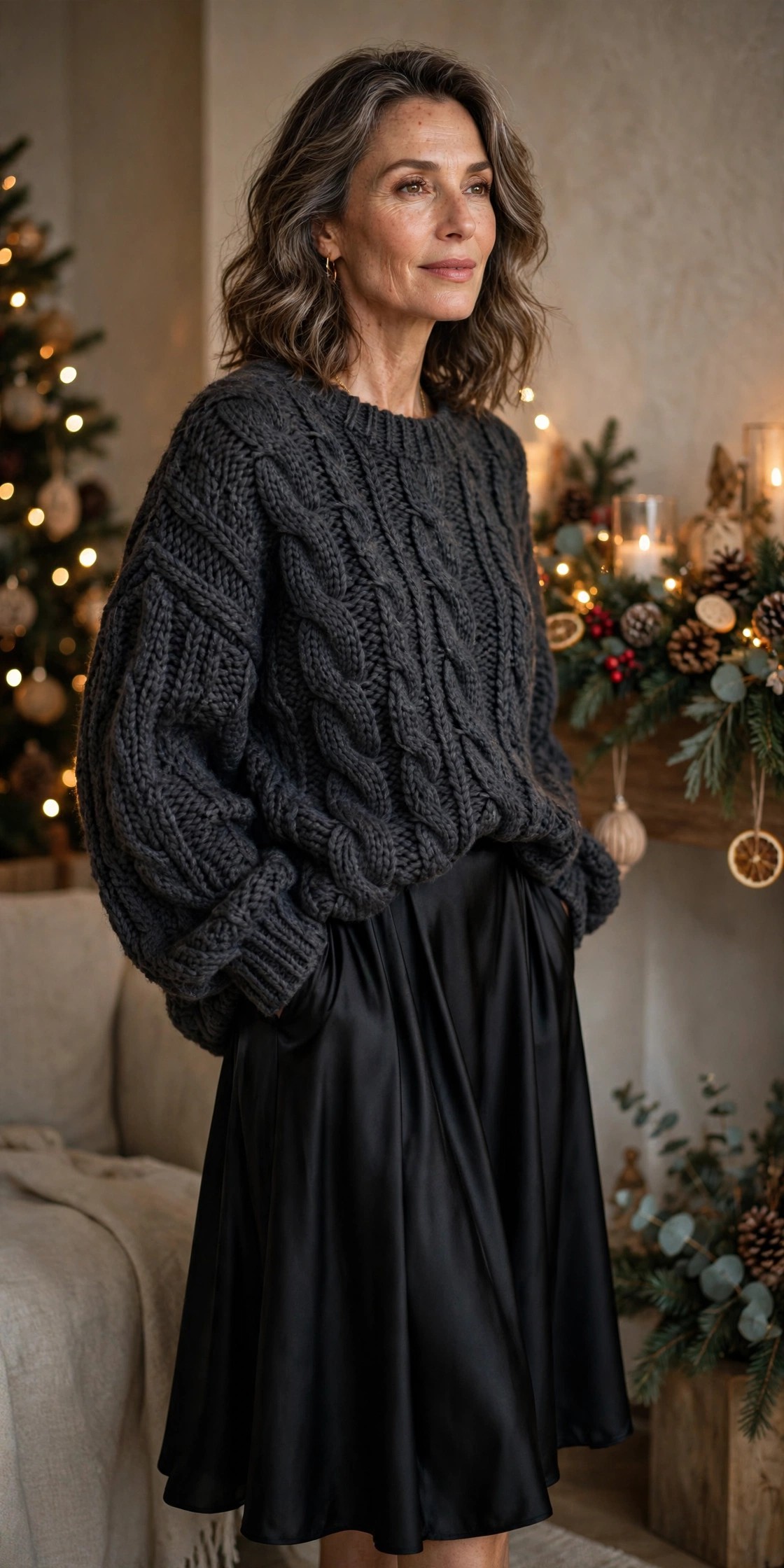 Woman over 50 in black satin midi skirt and charcoal knit sweater Christmas look