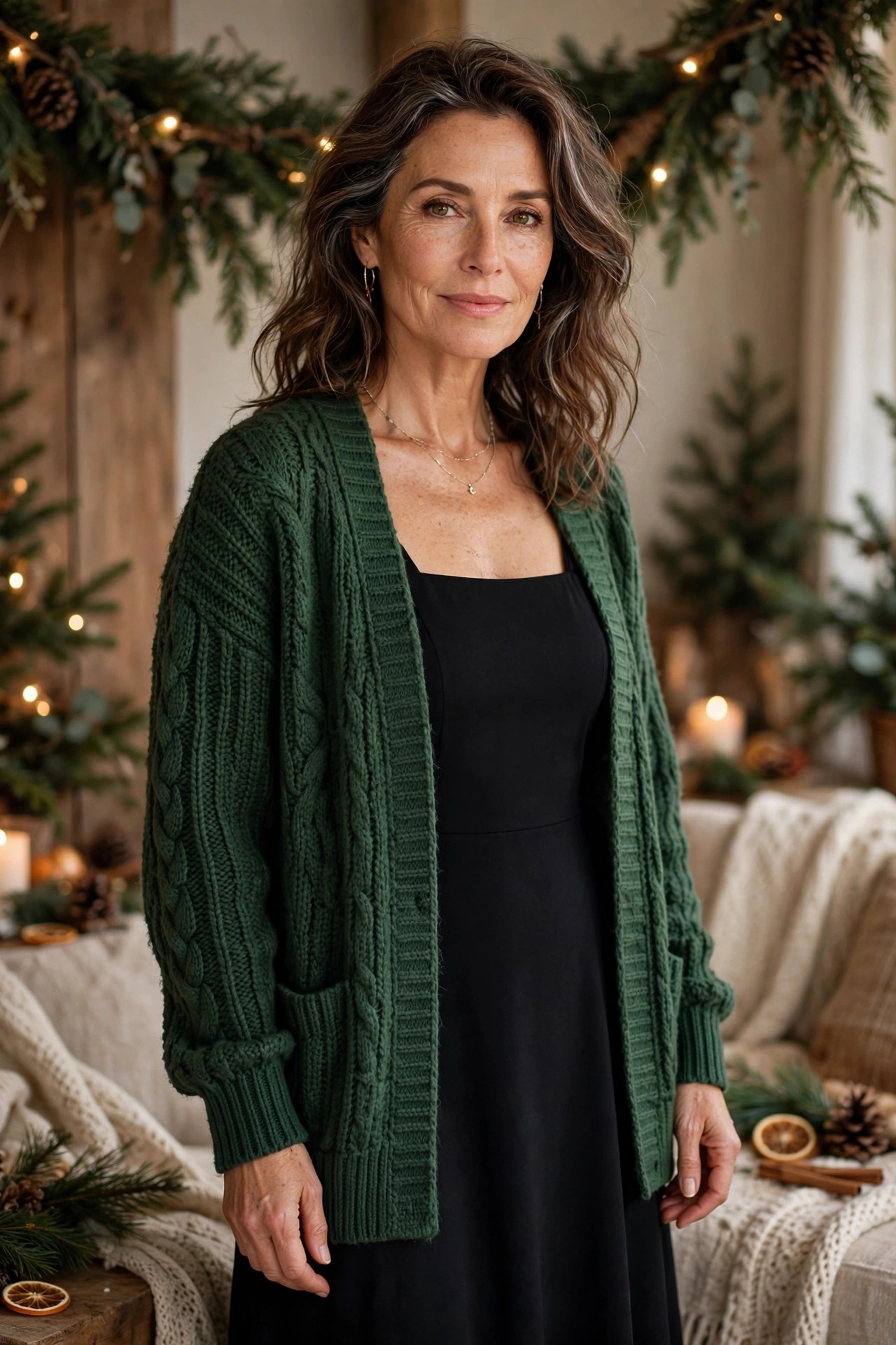 Woman over 50 wearing forest green cardigan over black midi dress Christmas outfit