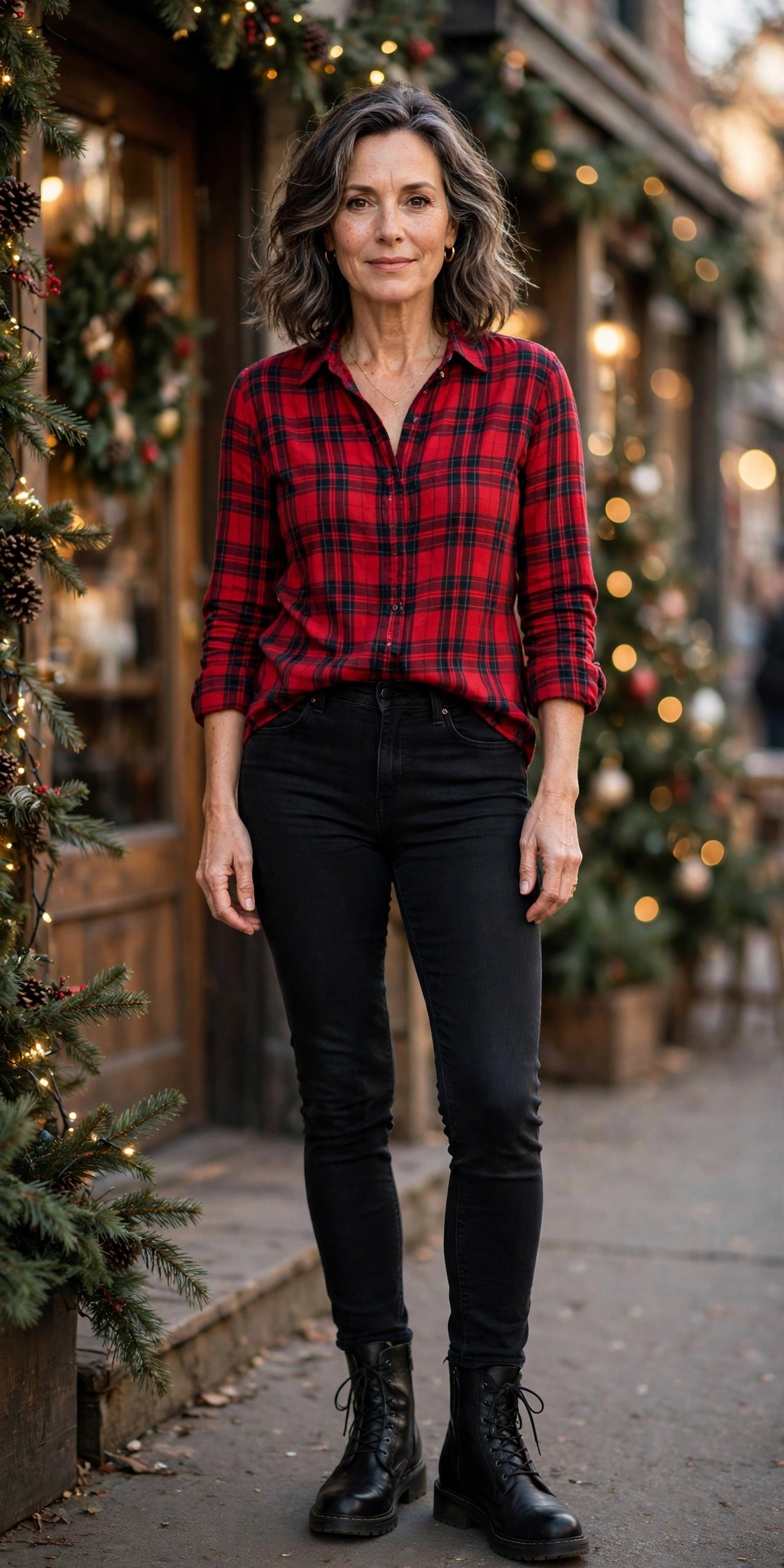 Woman over 50 wearing red plaid flannel shirt with black jeans and boots