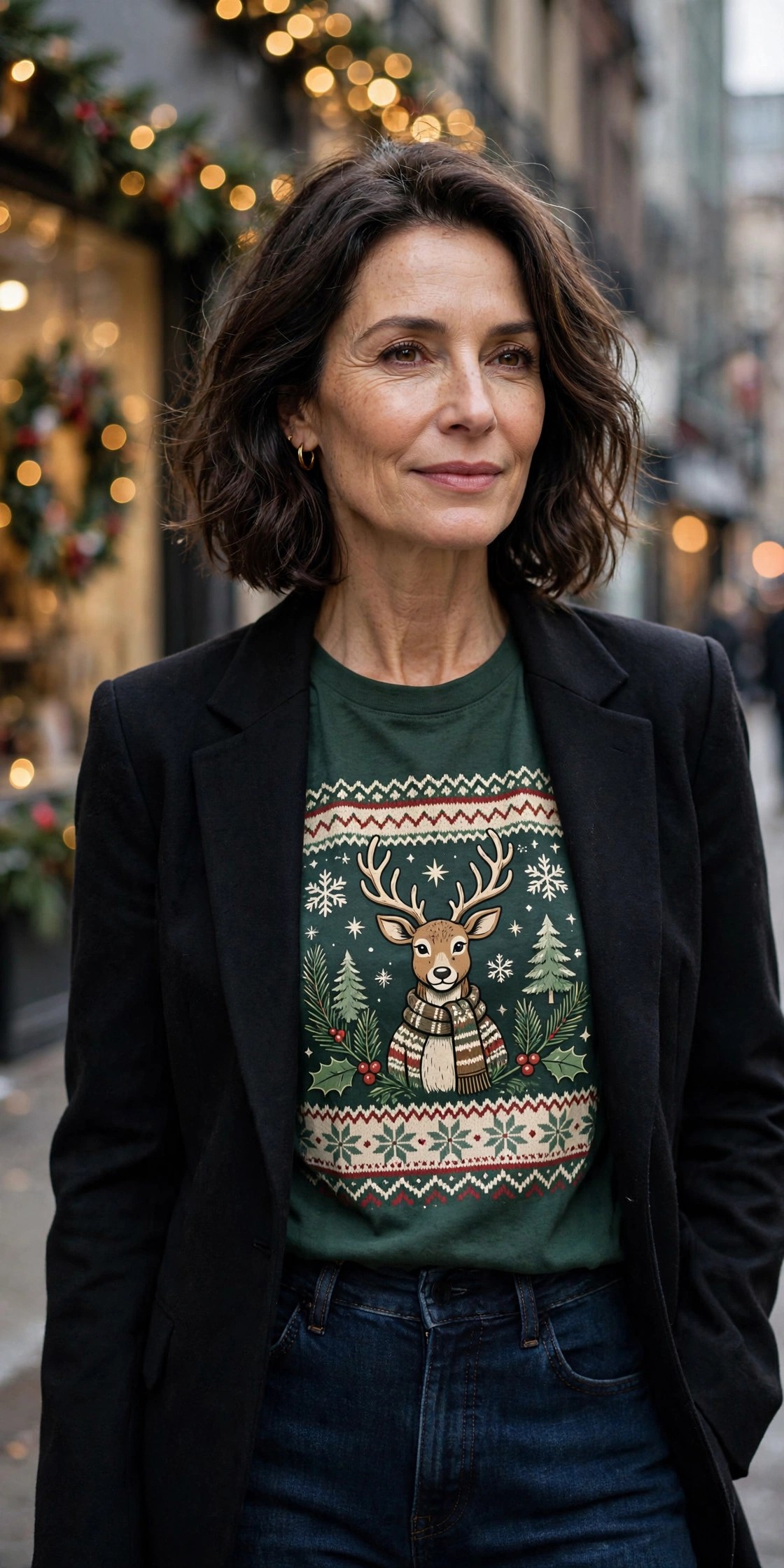 Woman over 50 wearing festive Christmas tee with black blazer and jeans