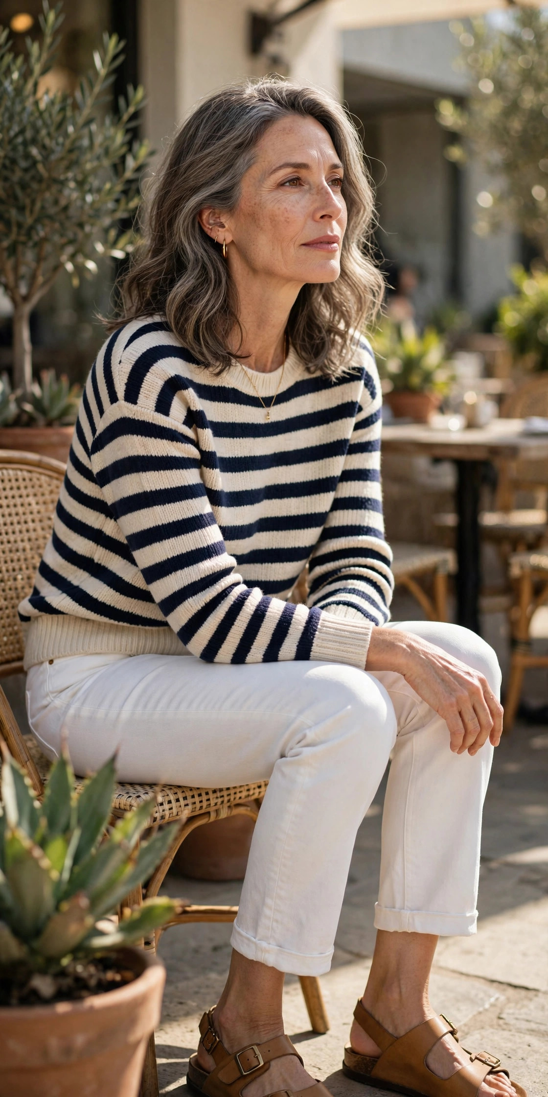 Woman over 50 in white jeans with a striped sweater and sandals on a sunny cafe patio