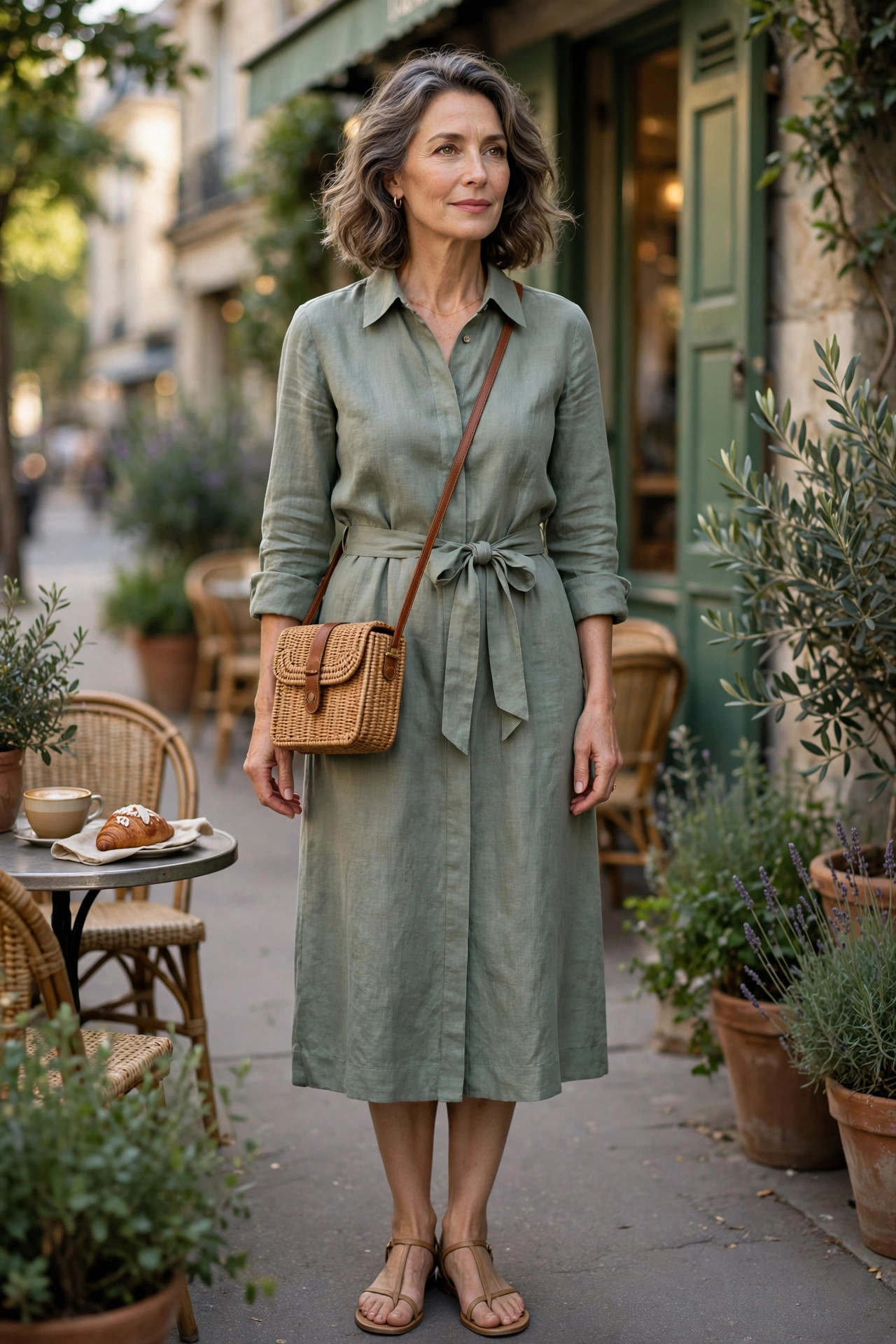 Woman over 50 wearing a belted sage linen shirt dress with sandals at a sidewalk cafe