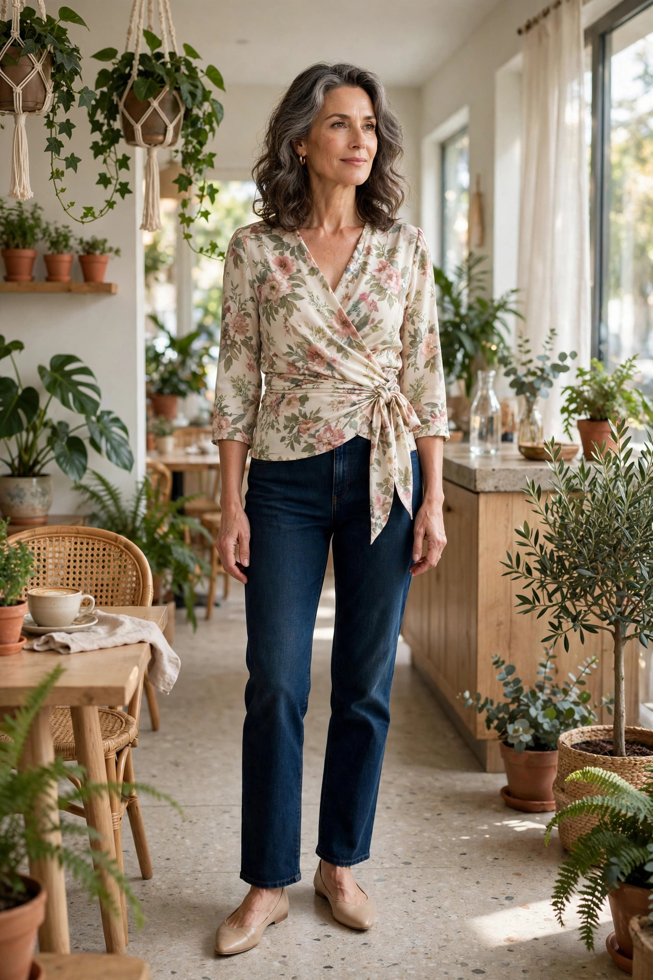 Woman over 50 in a floral wrap top with dark jeans and nude flats in a bright cafe