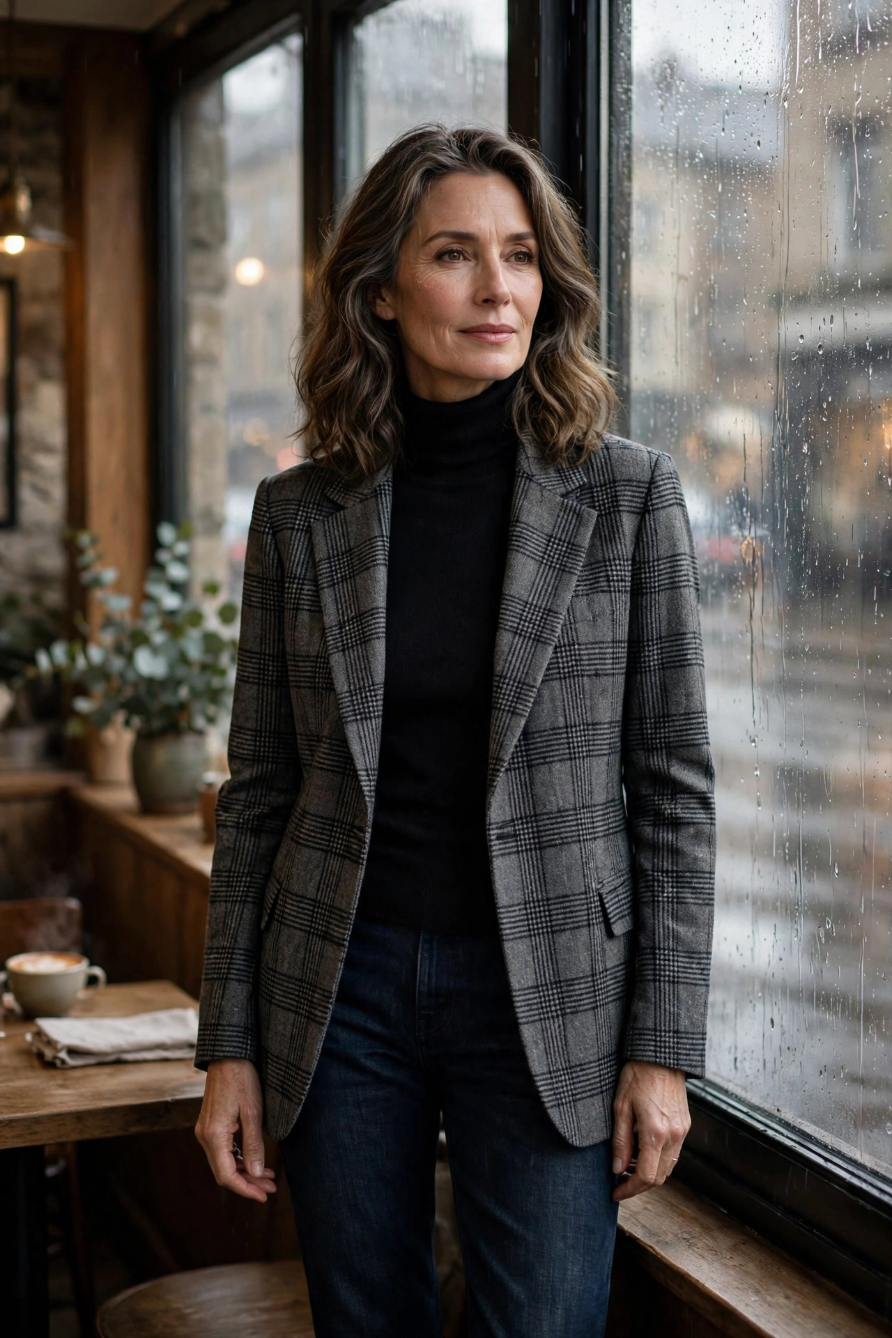 Woman over 50 in a black turtleneck with plaid blazer in a rainy-day cafe