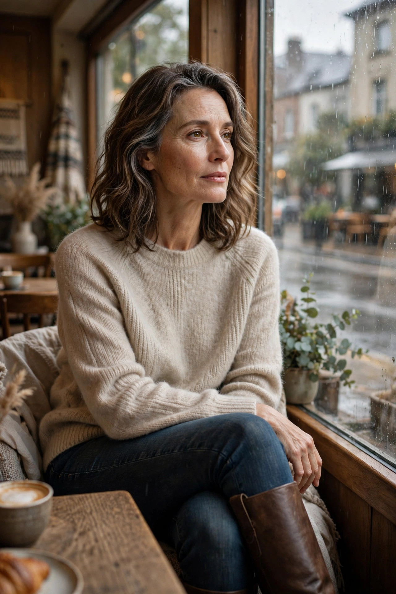 Woman over 50 in an oatmeal cashmere sweater with dark jeans in a cozy cafe