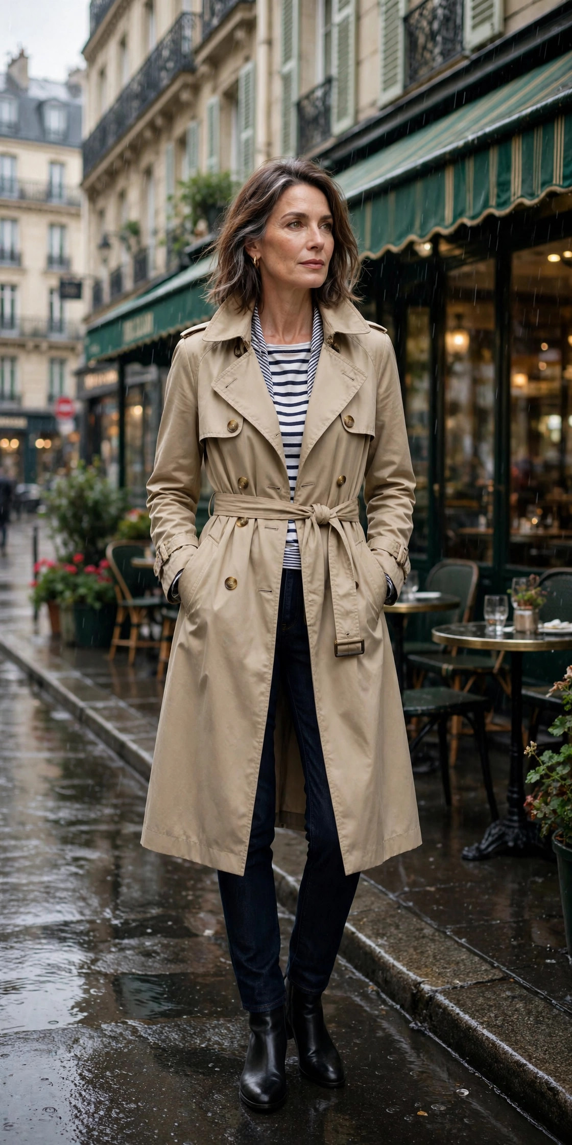 Woman over 50 in a beige trench coat over a Breton top on a rainy street