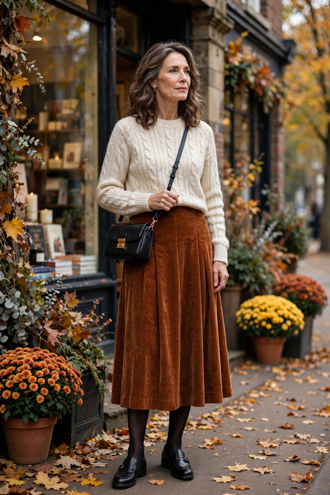 Woman over 50 in a rust corduroy midi skirt with cream sweater outside a bookstore