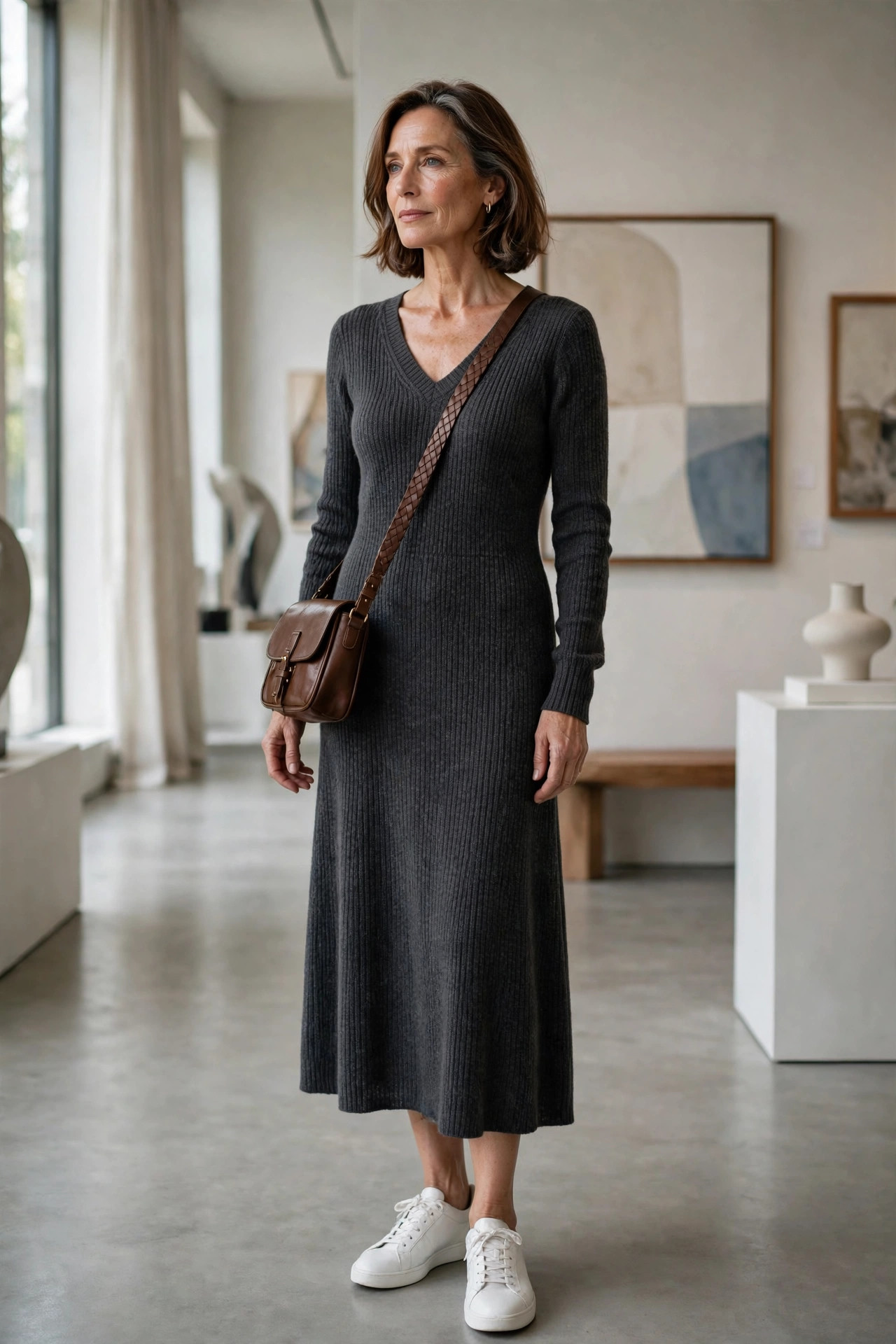 Woman over 50 in a charcoal knit midi dress with white sneakers in an art gallery