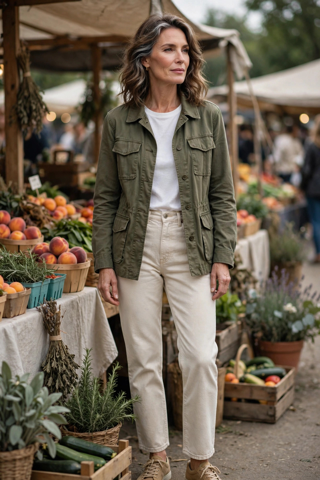 Woman over 50 in an olive utility jacket with white tee at a farmers market