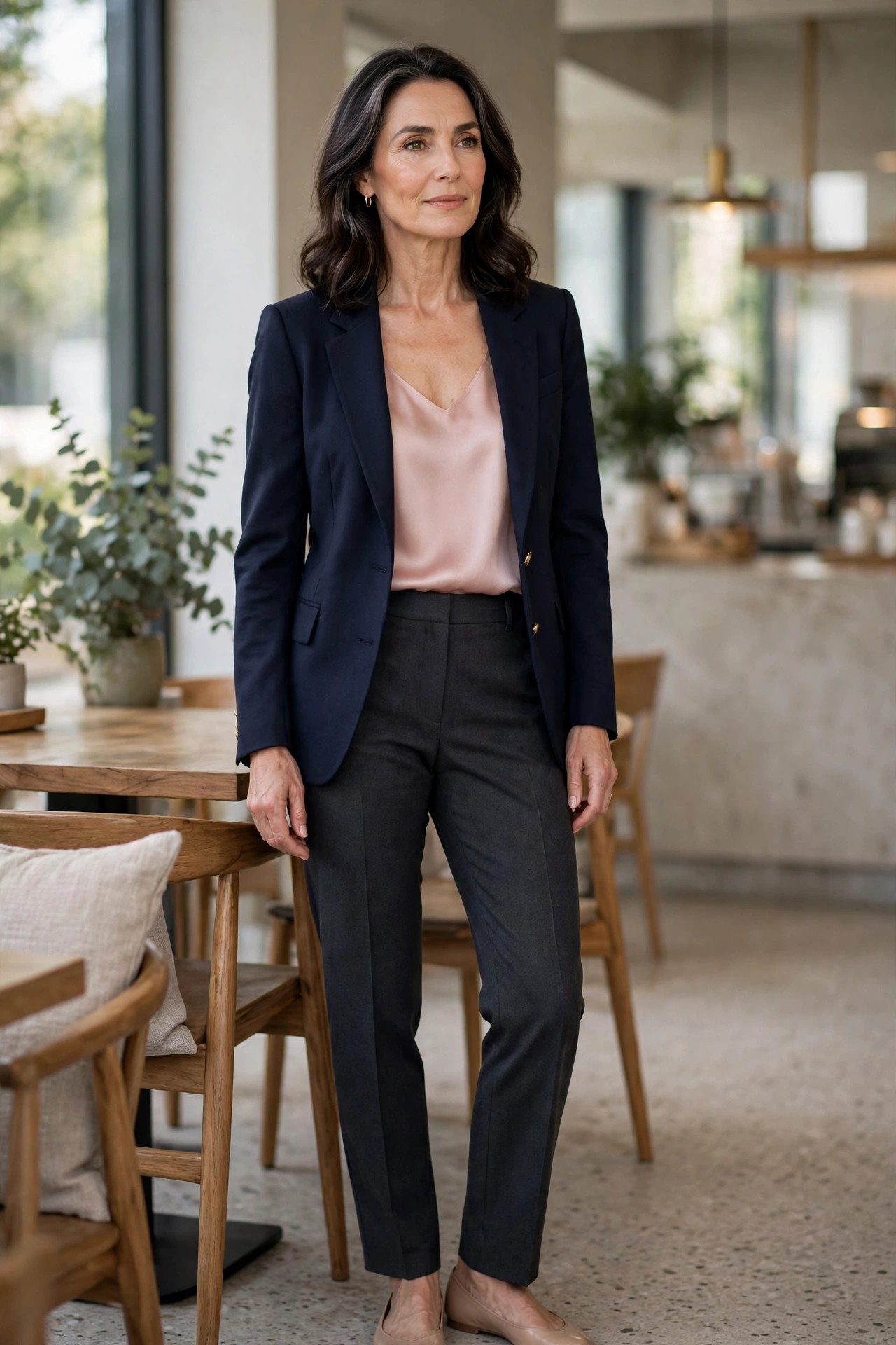 Woman over 50 in a navy blazer with blush silk shell in a modern cafe