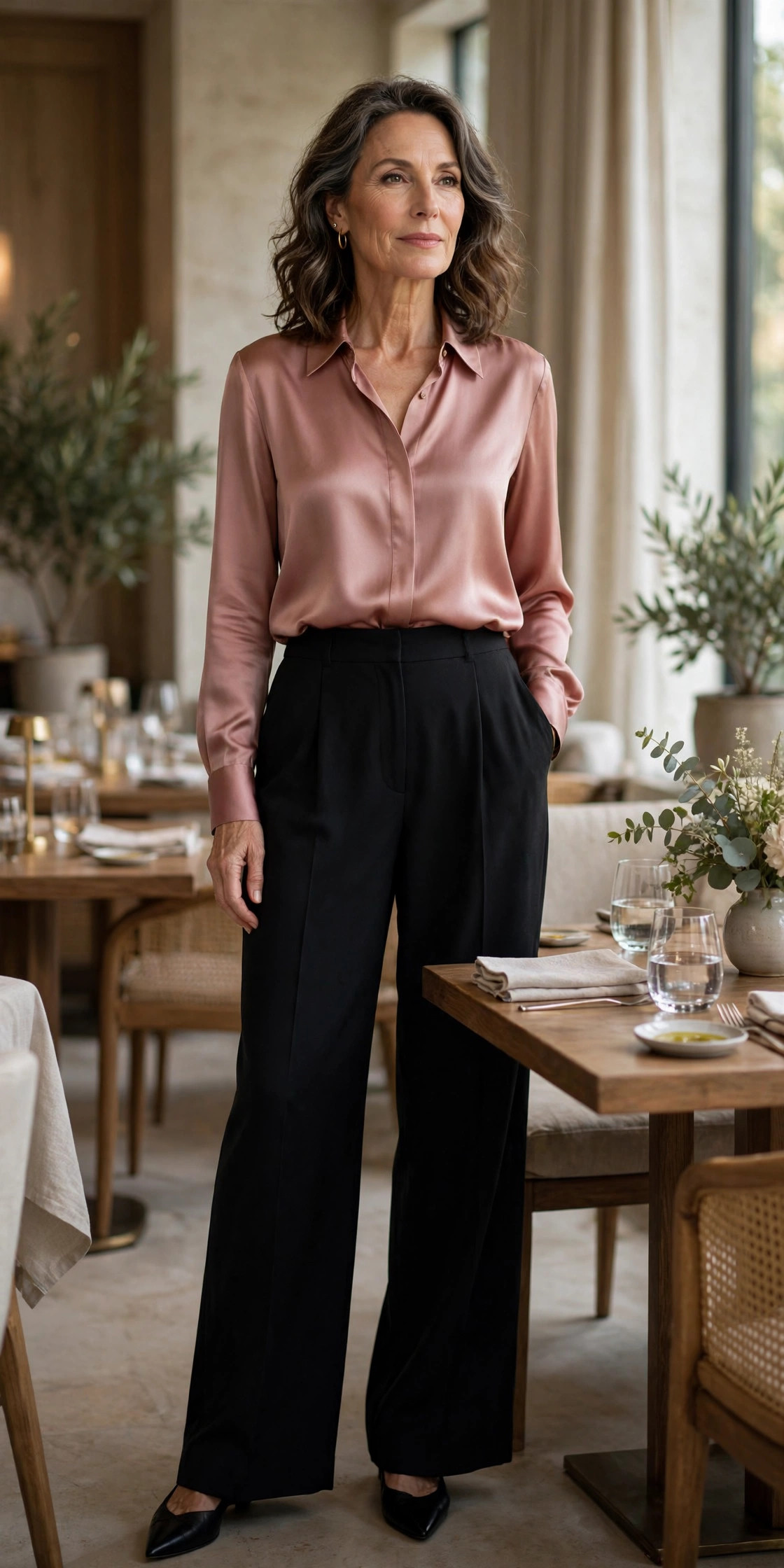 Woman over 50 in a dusty rose silk blouse with black wide-leg trousers at lunch