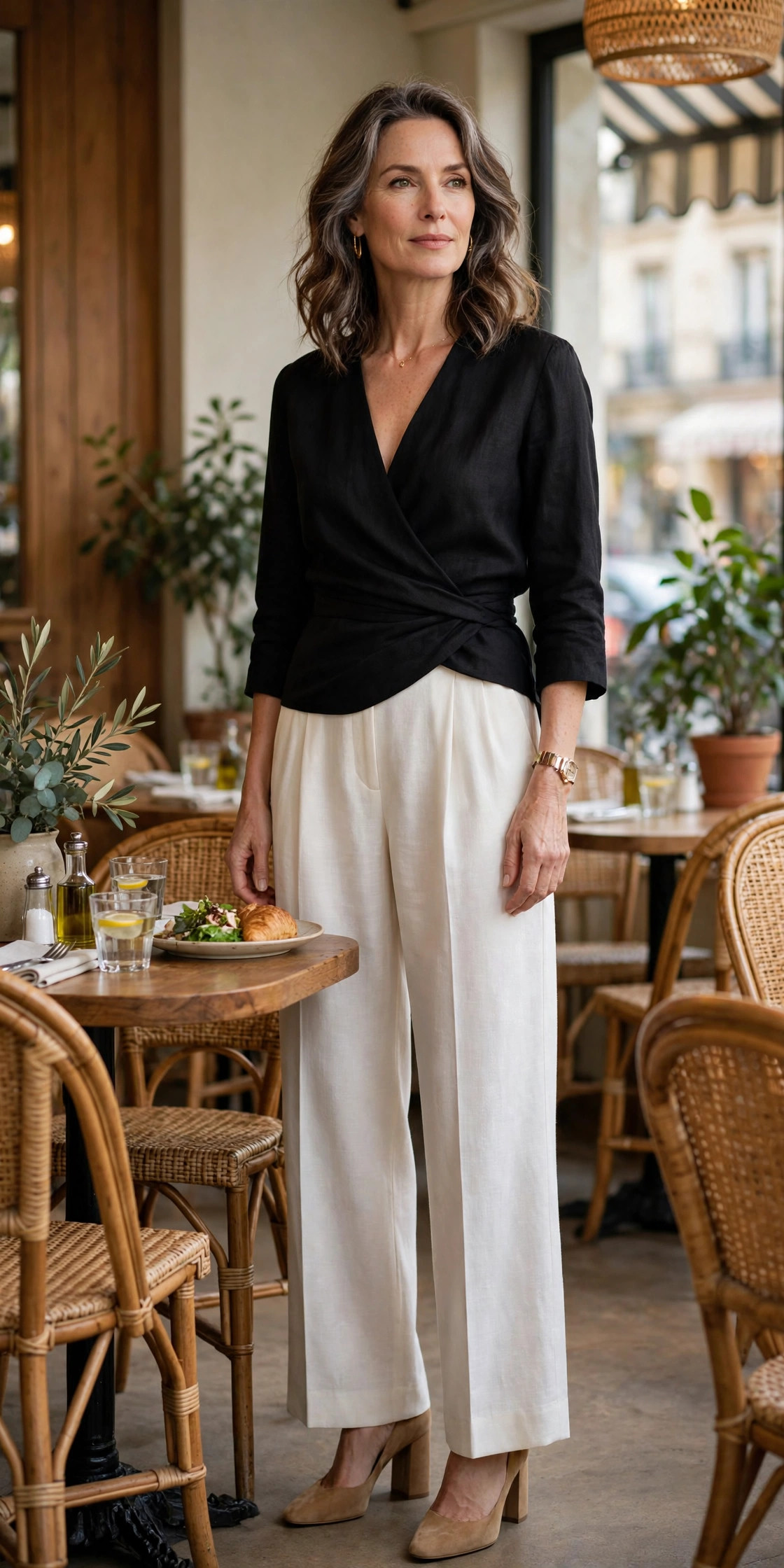 Woman over 50 in a black wrap top with ivory wide-leg trousers at a bistro