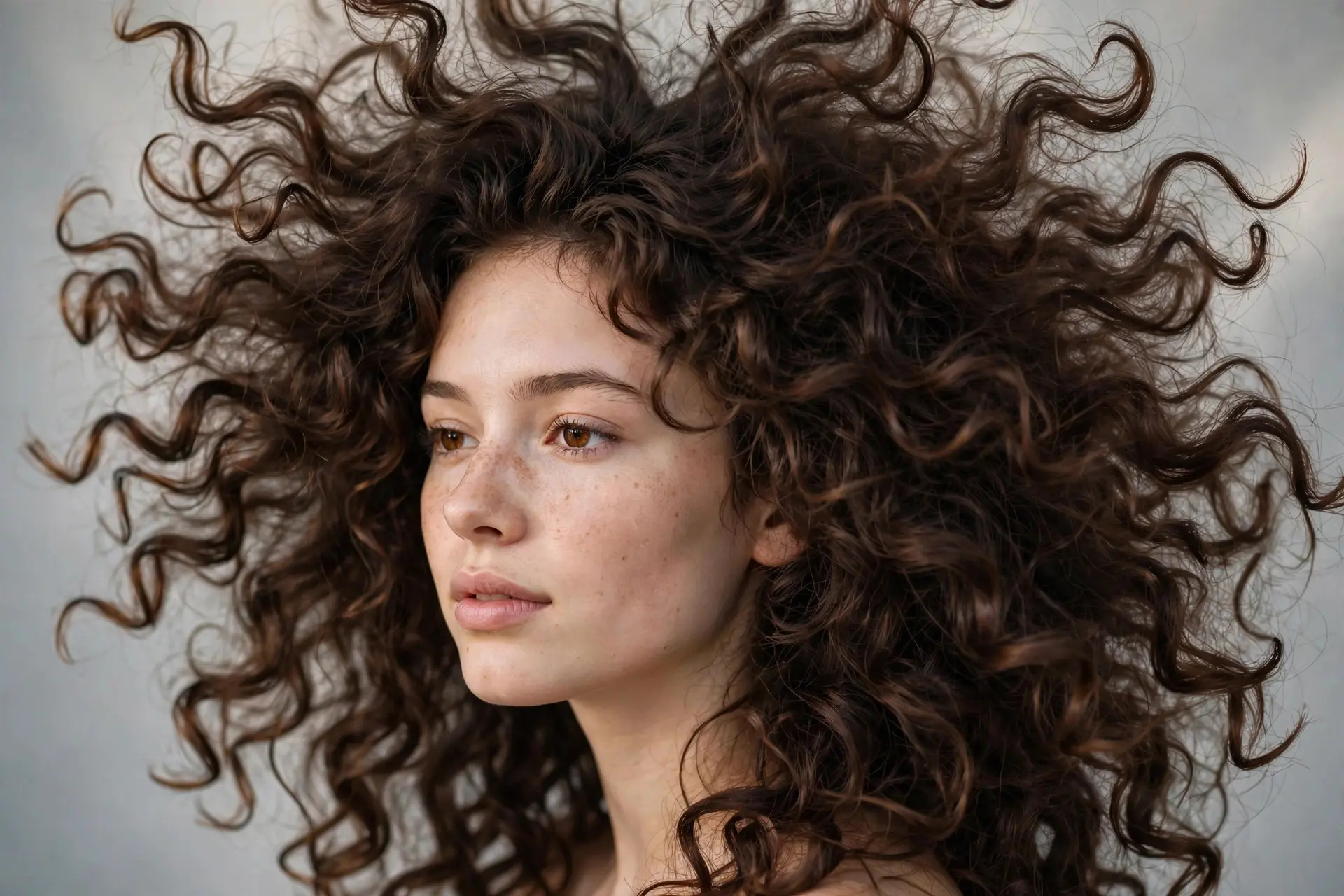 Young woman with big, bouncy medium-length curls springing outward and upward around her face, three-quarter view