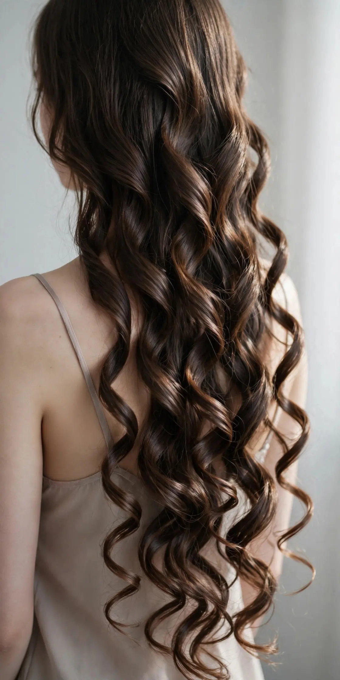 Young woman with long elongated spiral curls flowing down her back, back view
