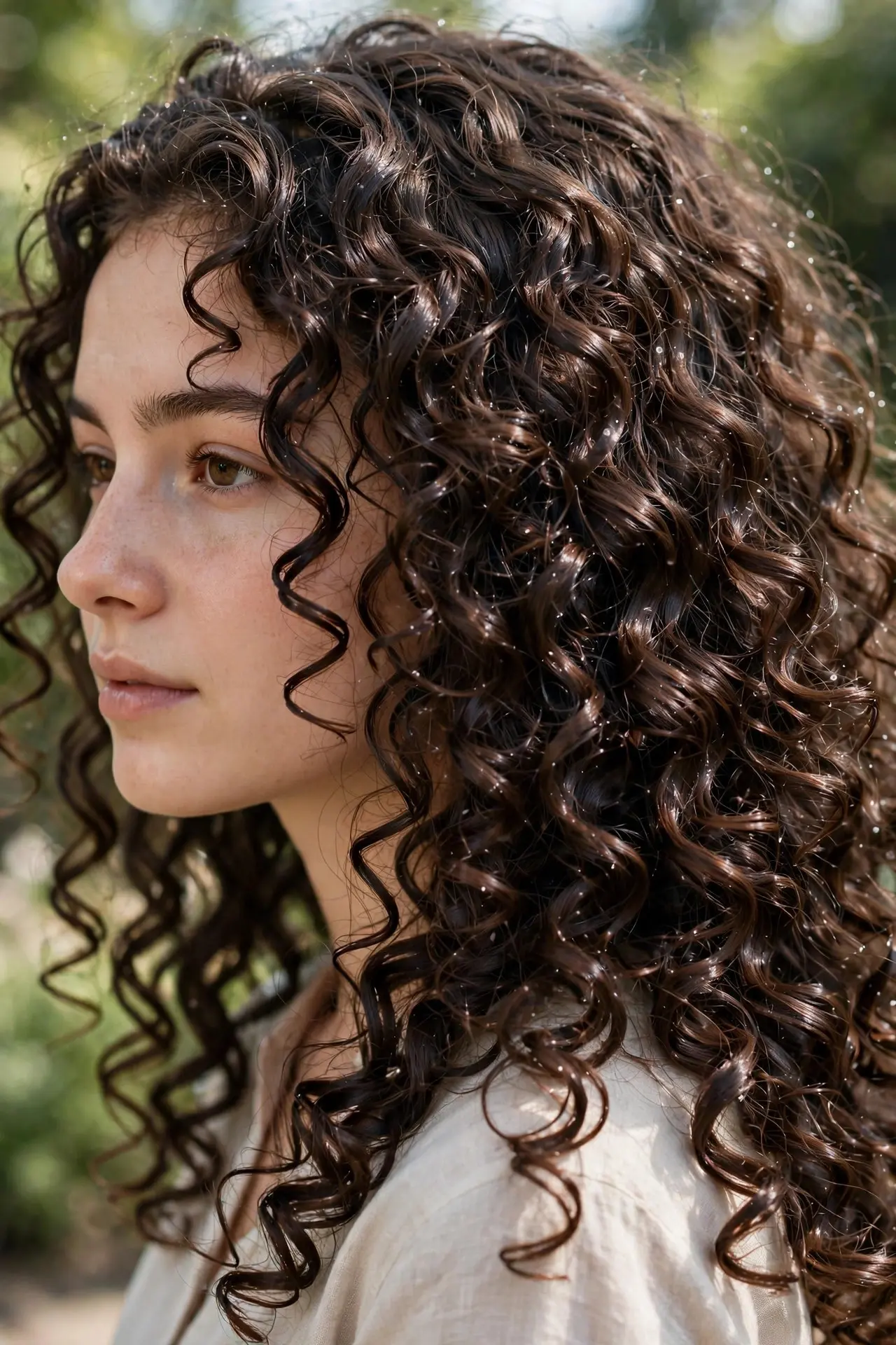 Young woman with glossy, well-separated high-definition curls, three-quarter view