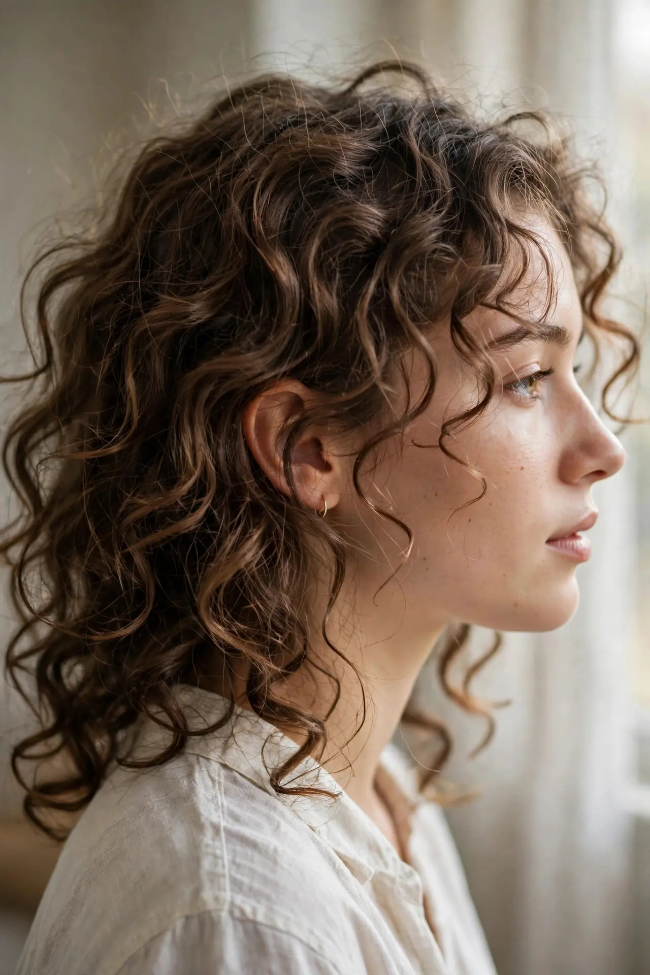 Young woman with soft, lived-in second-day curls with a slightly undone finish, side view