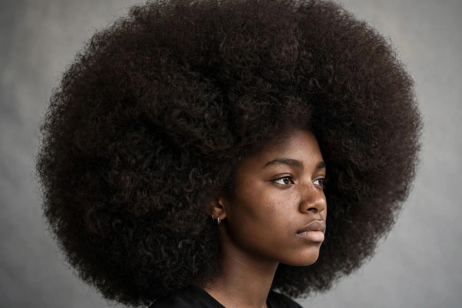 Young woman with a full round afro worn at maximum size, three-quarter view