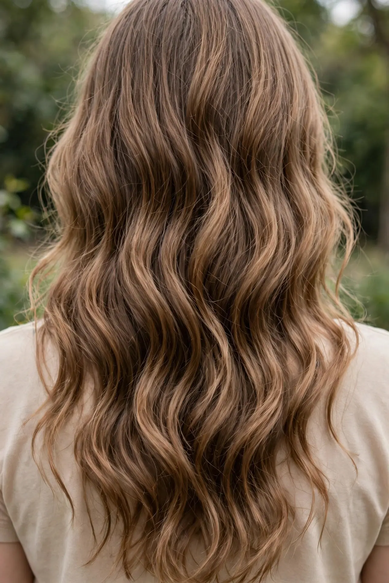 Young woman with loose S-shaped waves, visibly looser than tight curls, back view