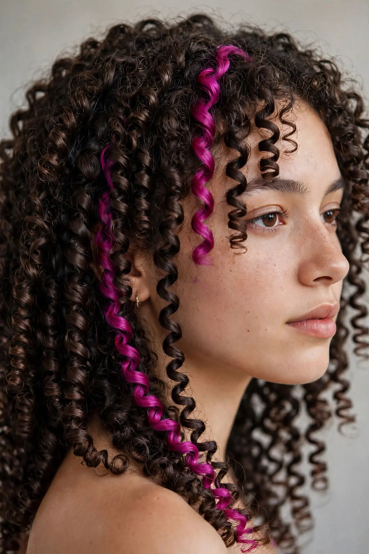 Young woman with tight finger-coiled ringlets and one bold coloured streak, three-quarter view
