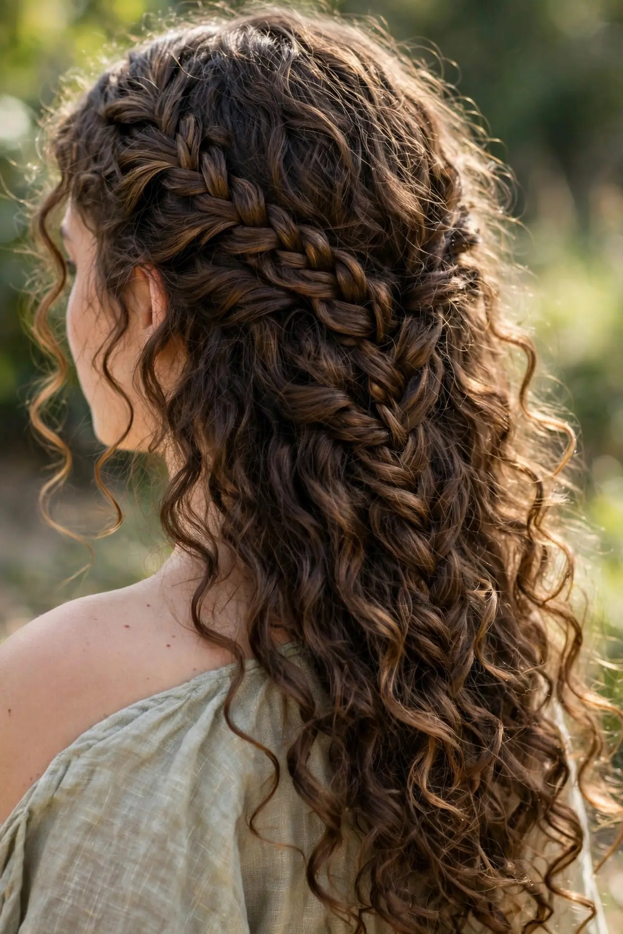 Young woman with a side braid woven through loose free-flowing curls, back three-quarter view