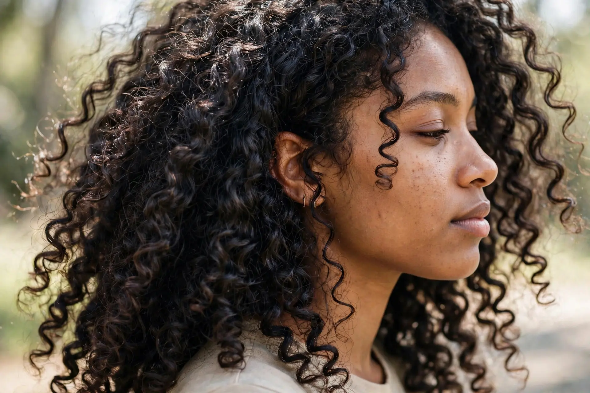Young woman wearing her natural curls loose and untouched, side view showing her true curl pattern