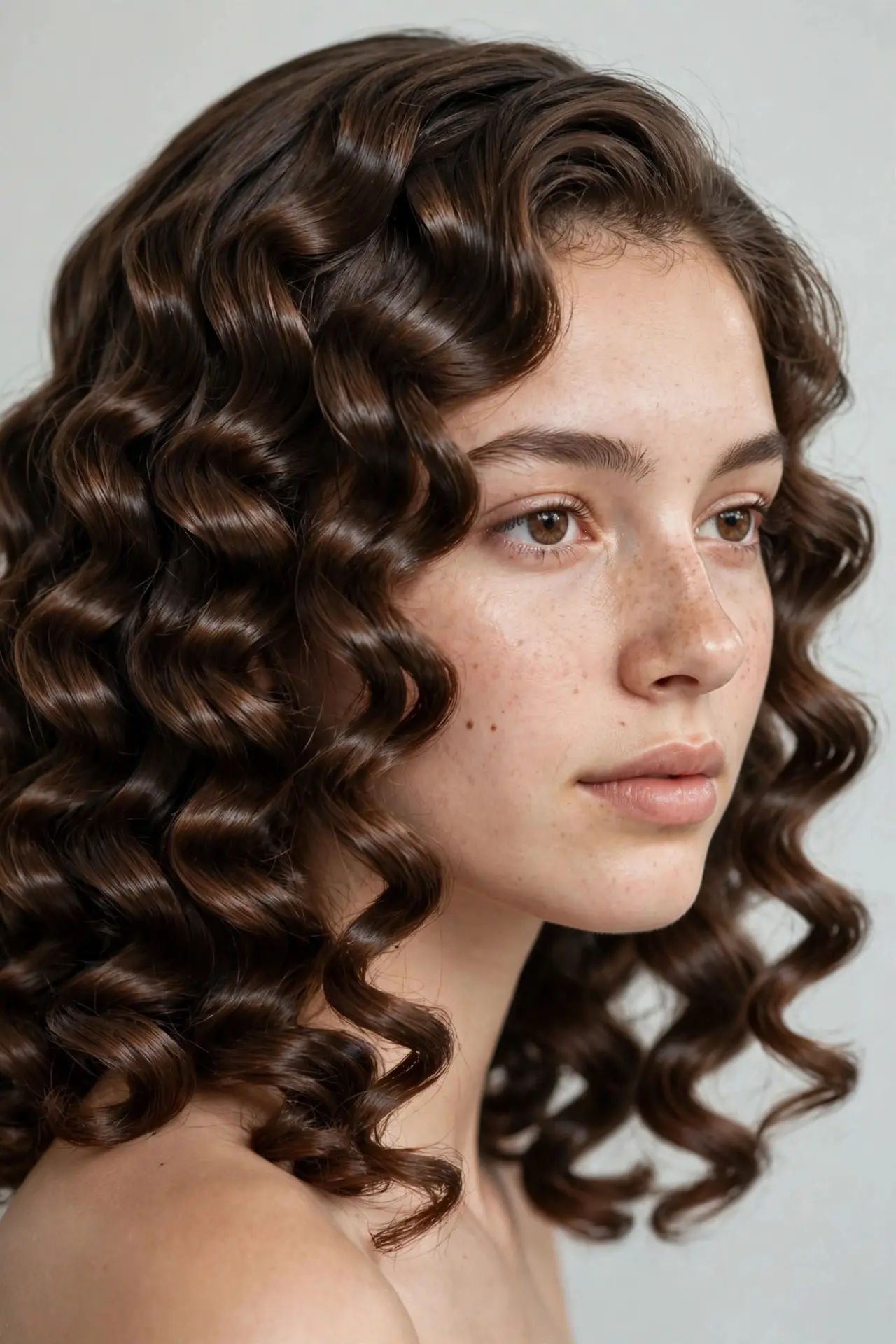 Young woman with precisely defined medium-length curls with a polished, intentional finish, three-quarter view