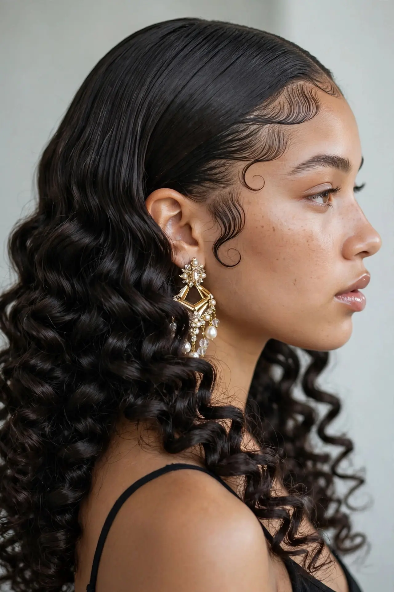 Young woman with smooth laid roots loosening into voluminous defined spirals toward the ends, side view