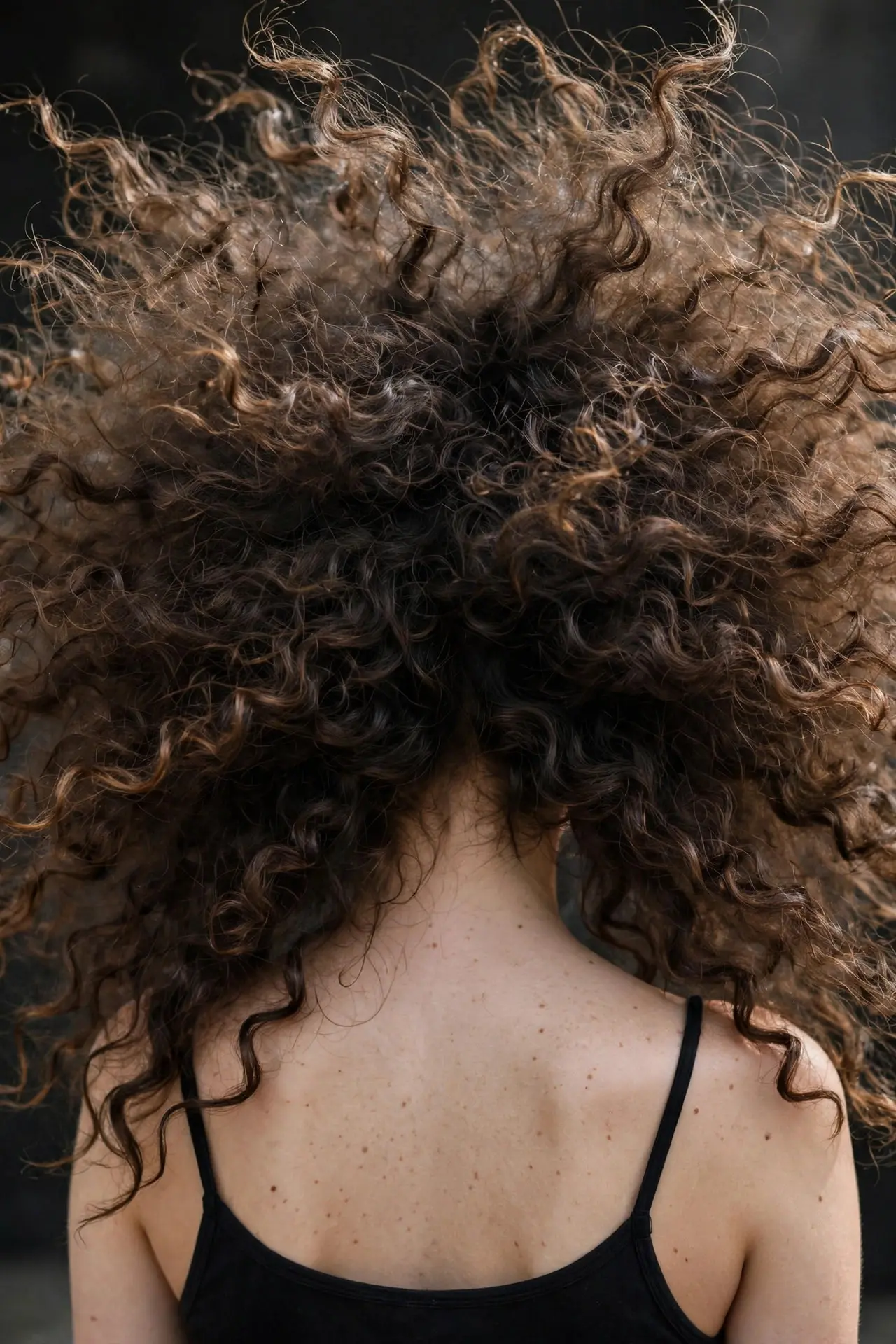 Young woman with a huge free mane of curls at maximum volume in every direction, back view