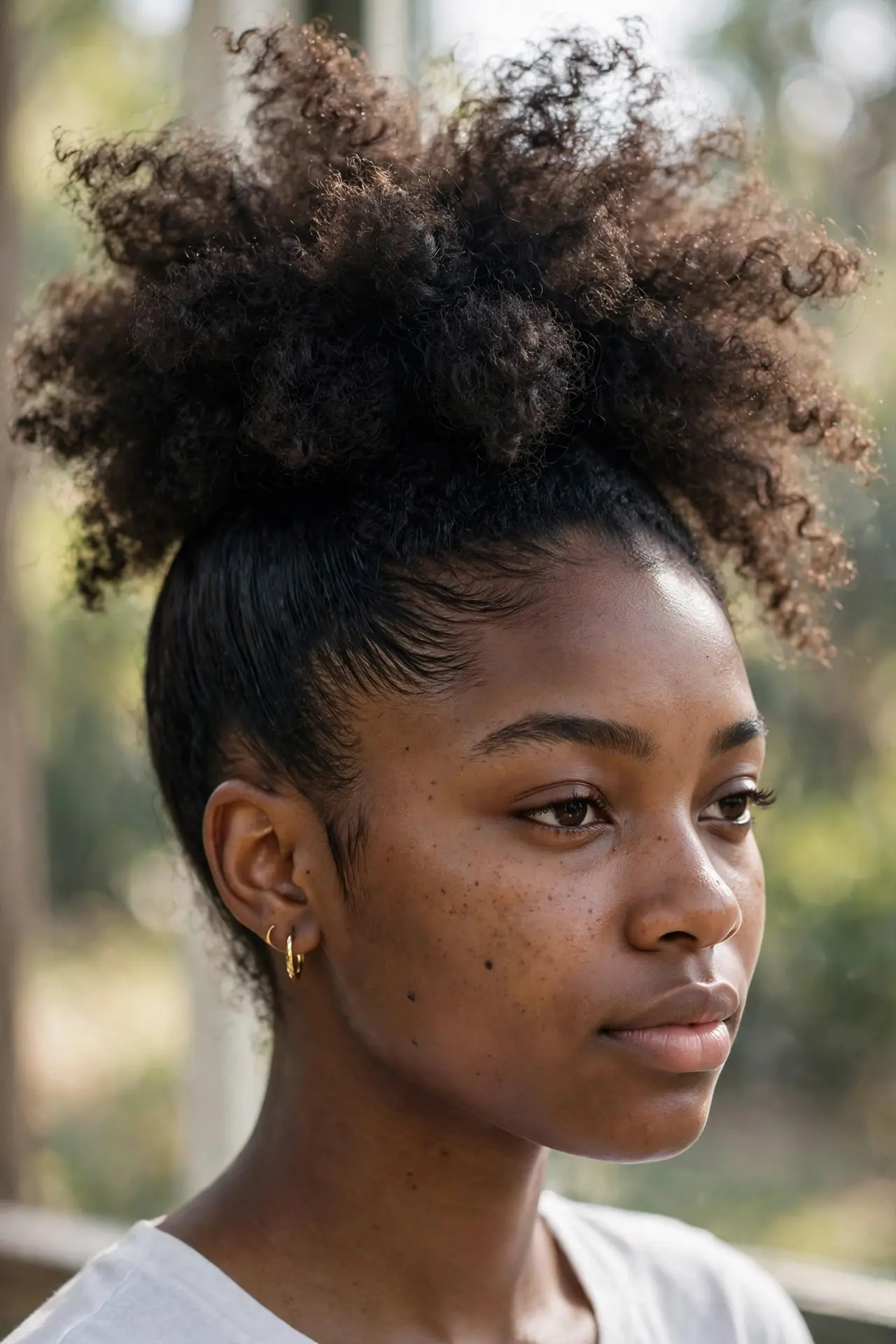 Young woman with a high curly puff with the top curls loose like a crown, three-quarter view