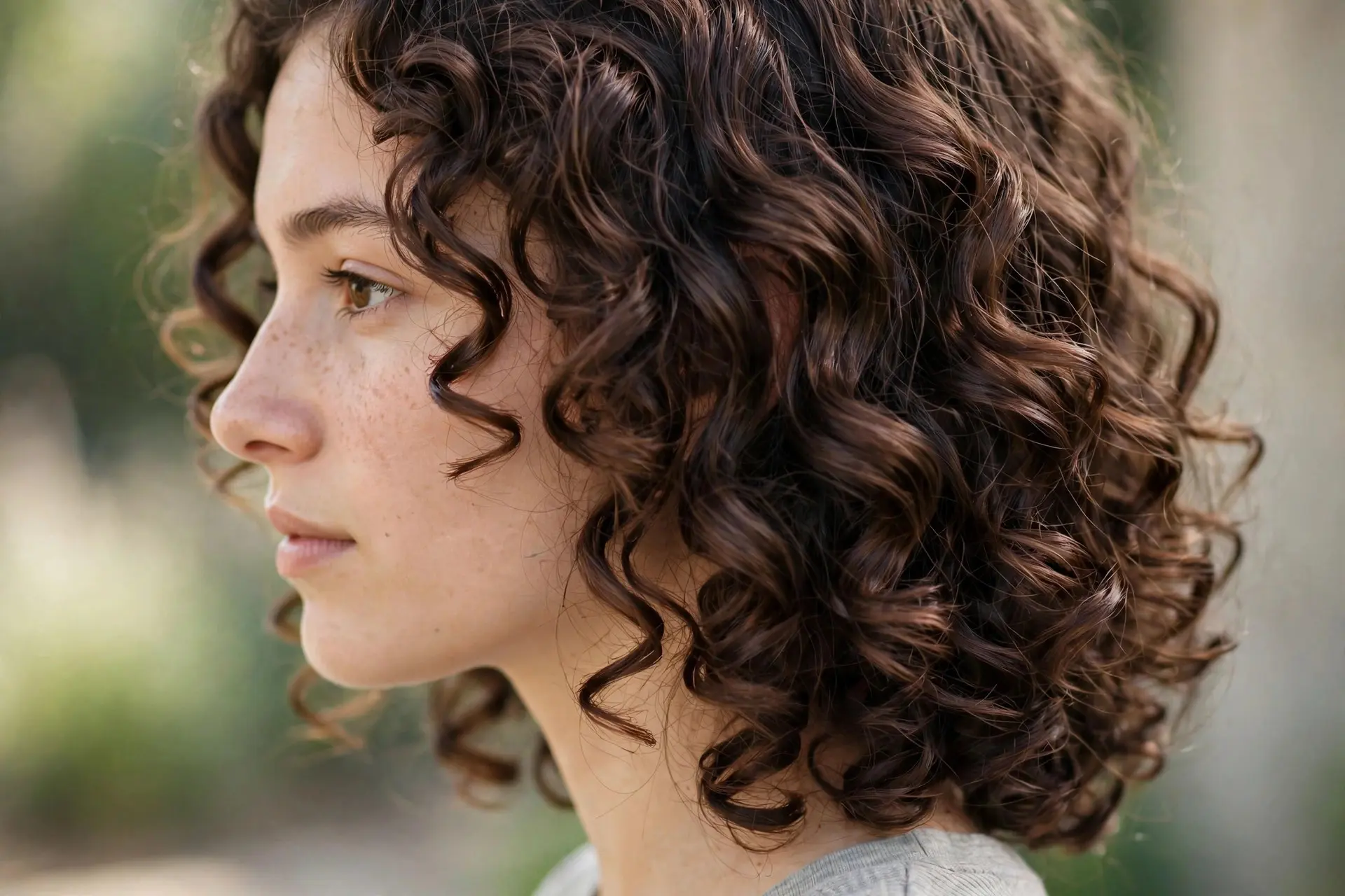 Young woman with glossy medium wash-and-go curls in defined clumps, side view