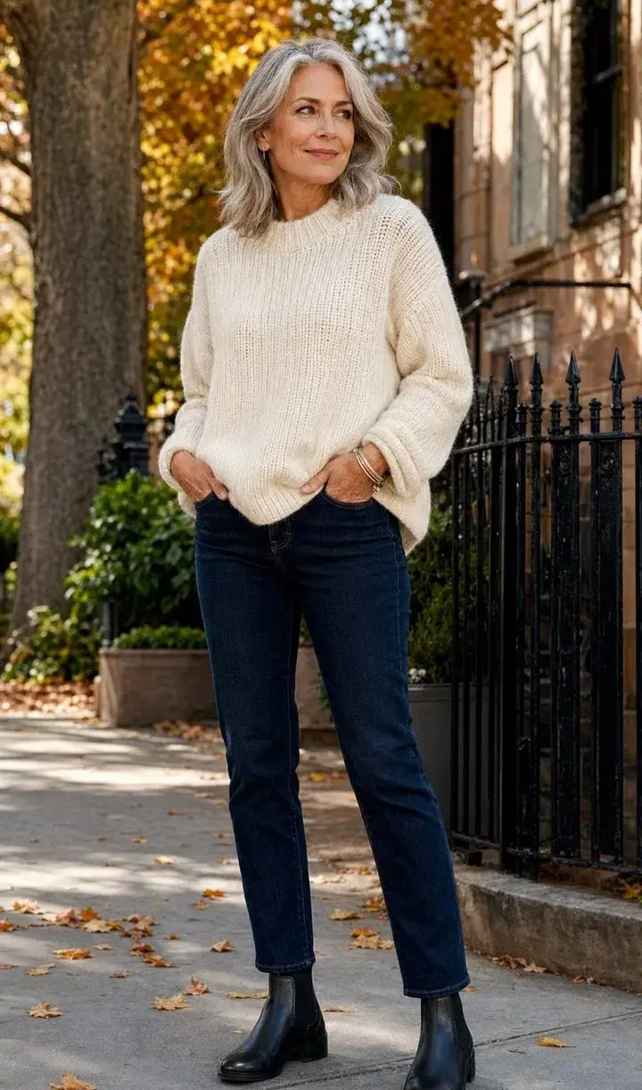 Woman over 50 wearing cropped straight-leg jeans with black Chelsea boots and a relaxed sweater