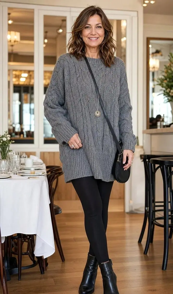Woman over 50 wearing black leggings, a long grey cable-knit sweater and black Chelsea boots