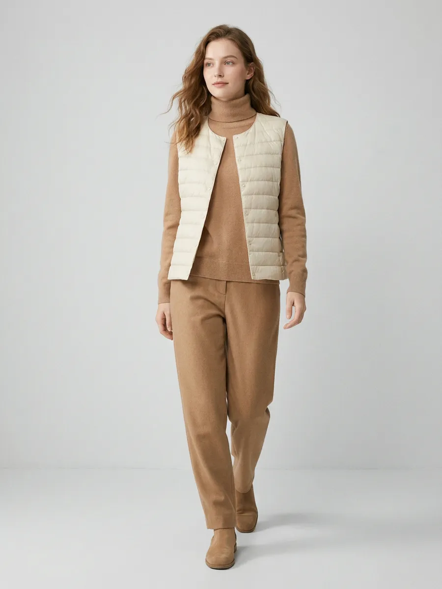 Chocolate quilted vest with cream turtleneck and camel trousers — polished fall outfit for women over 50