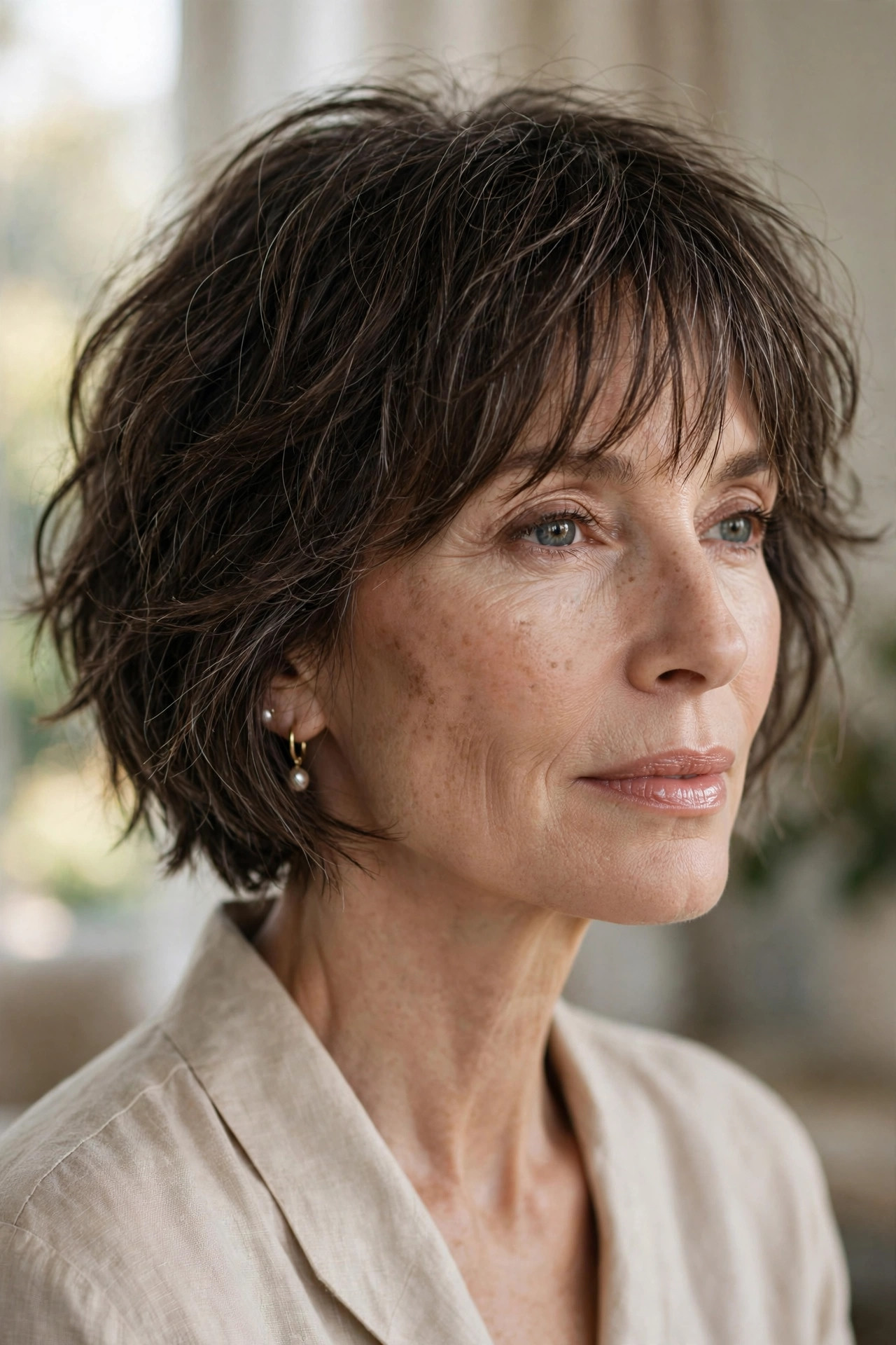 Woman in her 50s with a wispy Brow-Skimming Choppy Bob