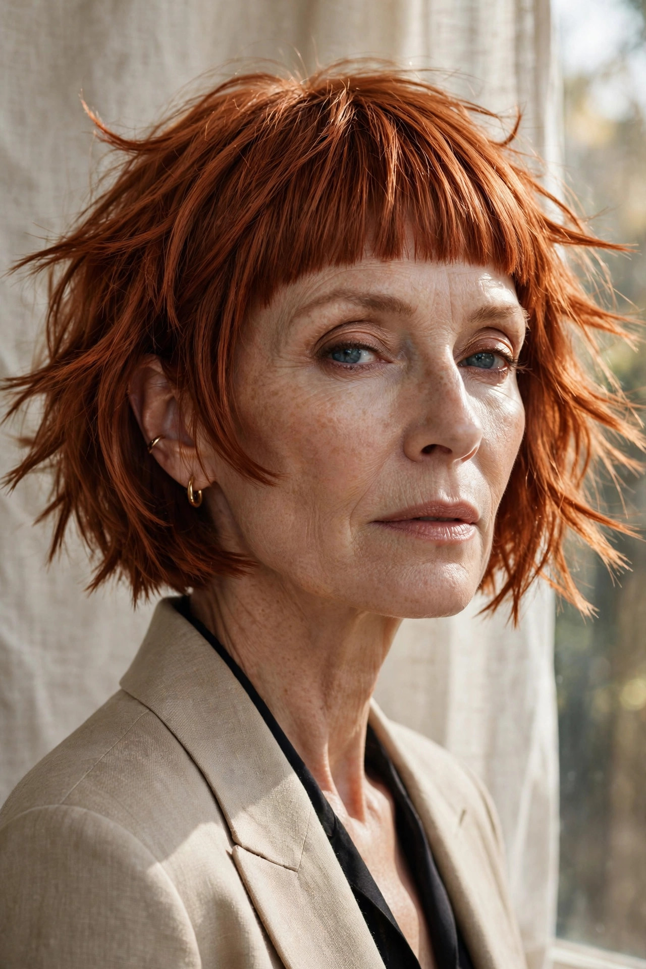 Woman in her 50s with a copper Razor-Textured Bob with Micro Bangs