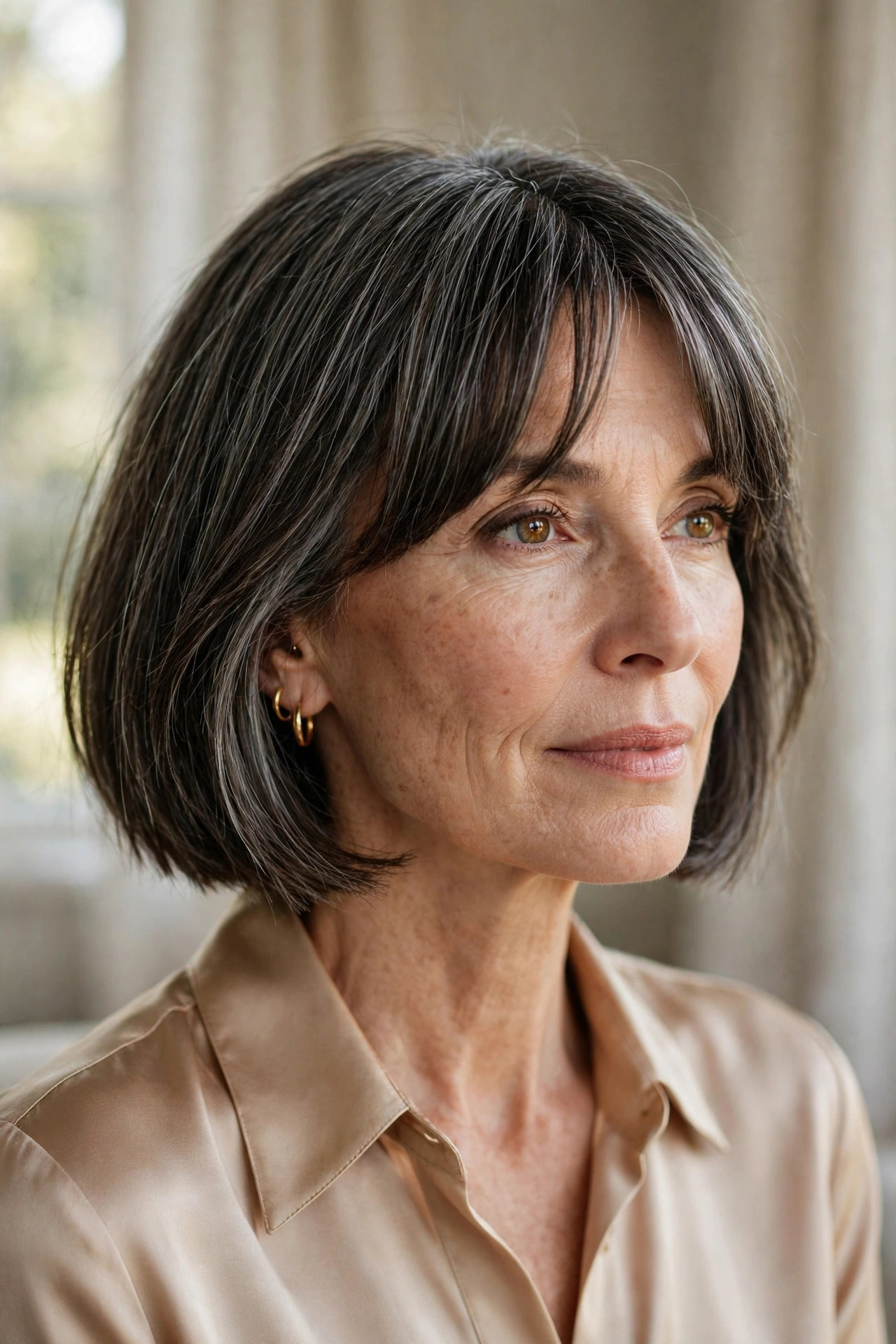 Woman in her 50s with a blunt-Edge Choppy Bob with Curtain Bangs