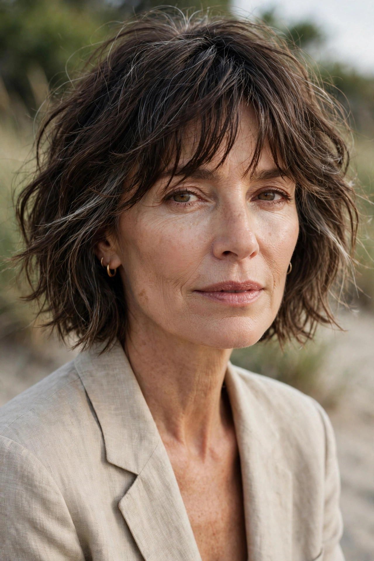Woman in her 50s with a tousled Jaw-Length Bob with Piecey Fringe