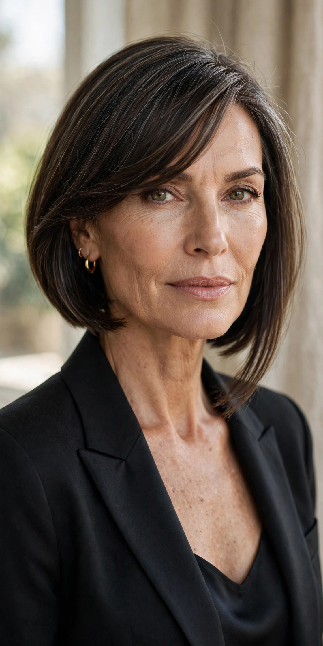 Woman in her 50s with a sleek Angled Bob with Side-Swept Bangs