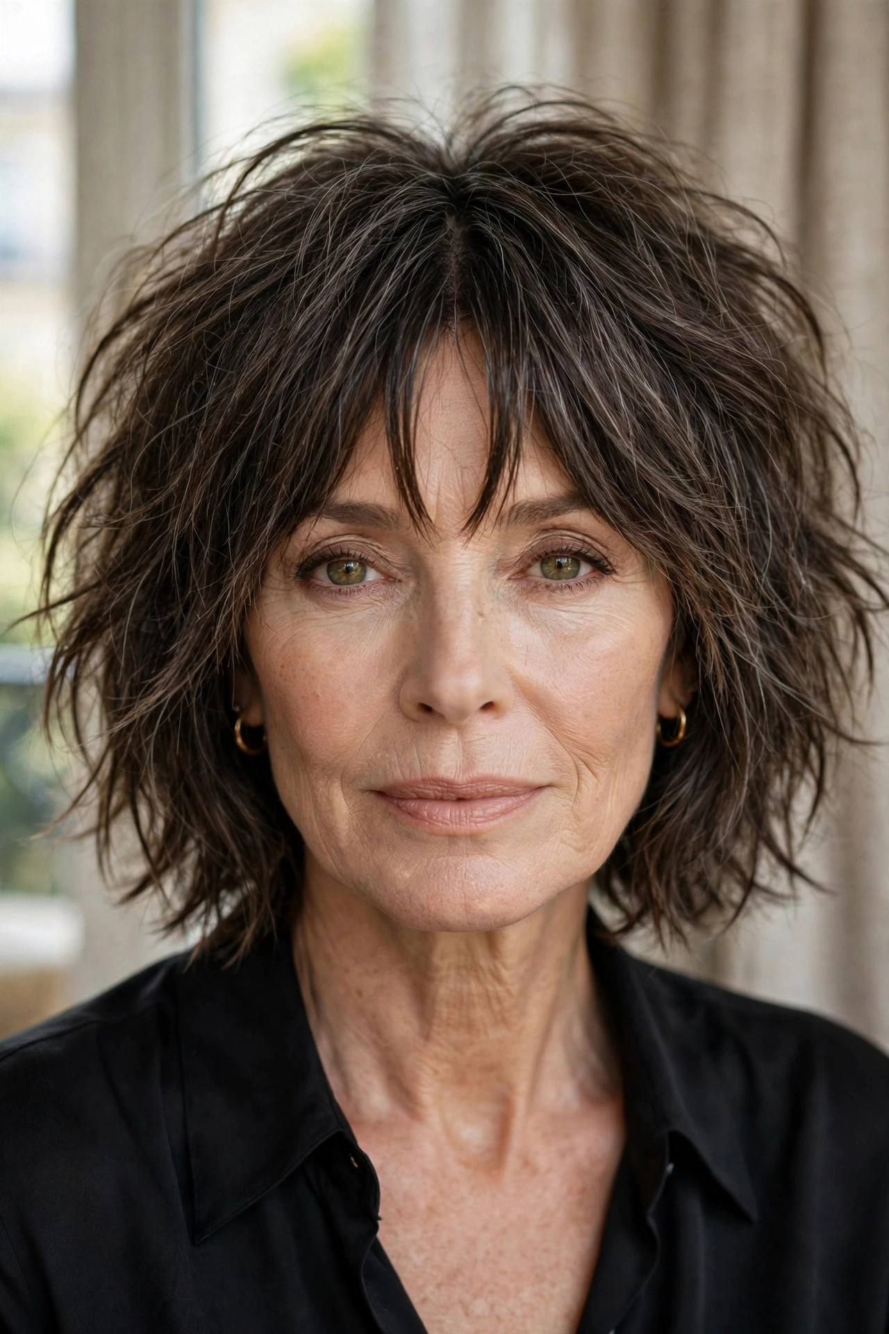 Woman in her 50s with a shaggy Choppy Bob with Bardot Bangs
