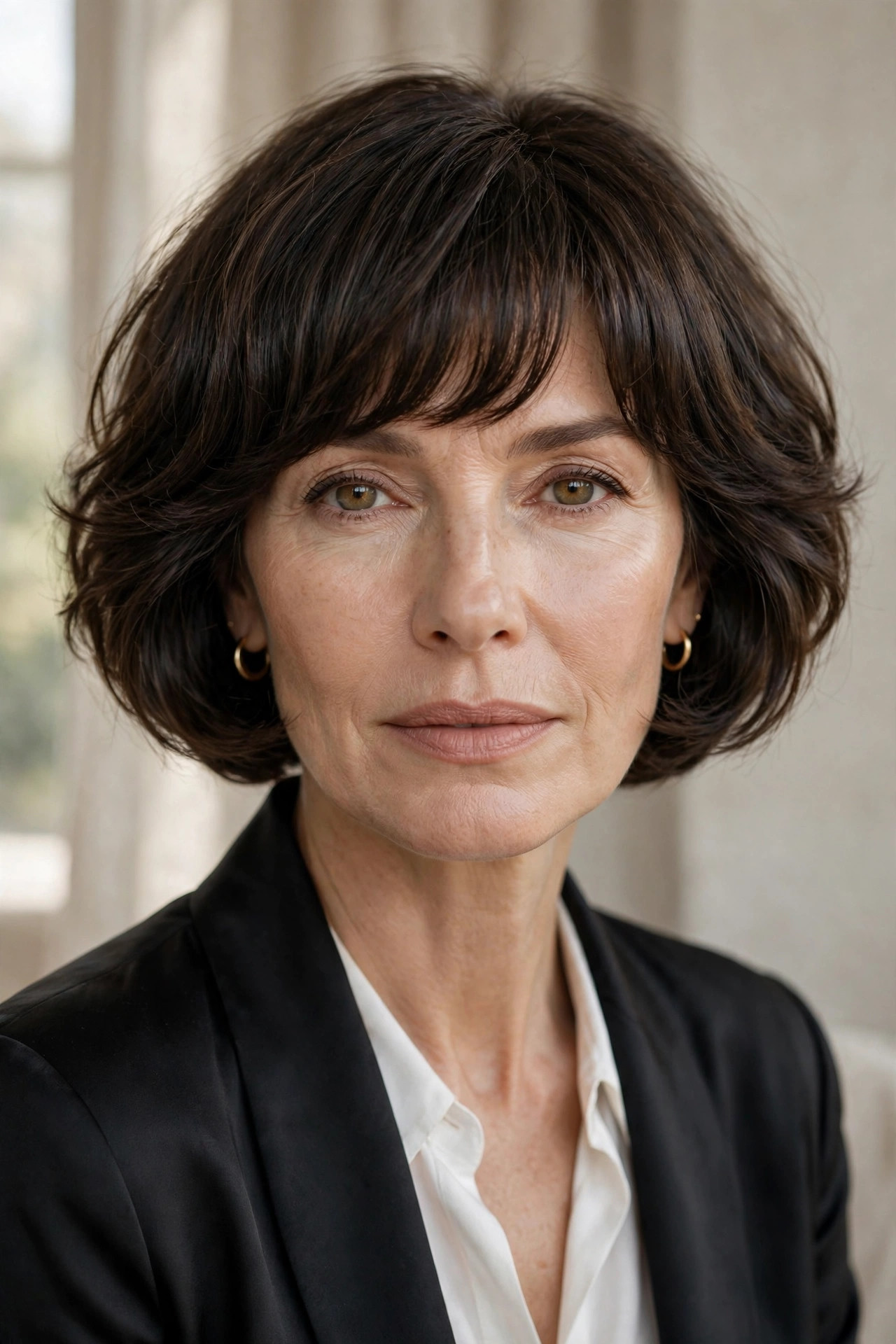 Woman in her 50s with a rounded Choppy Bob with Full Soft Bangs