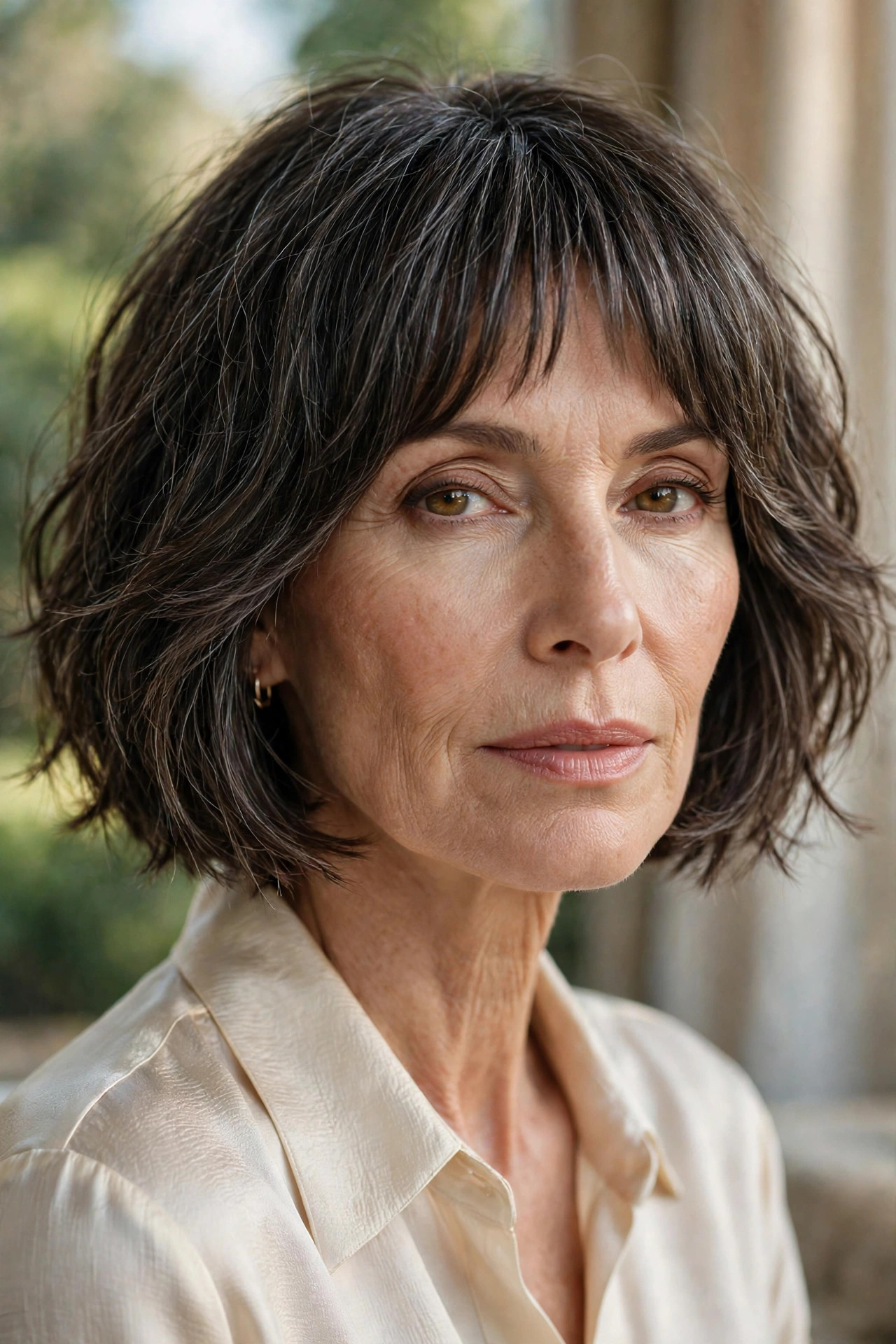 Woman in her 50s with a textured Chin Bob with Bottleneck Bangs