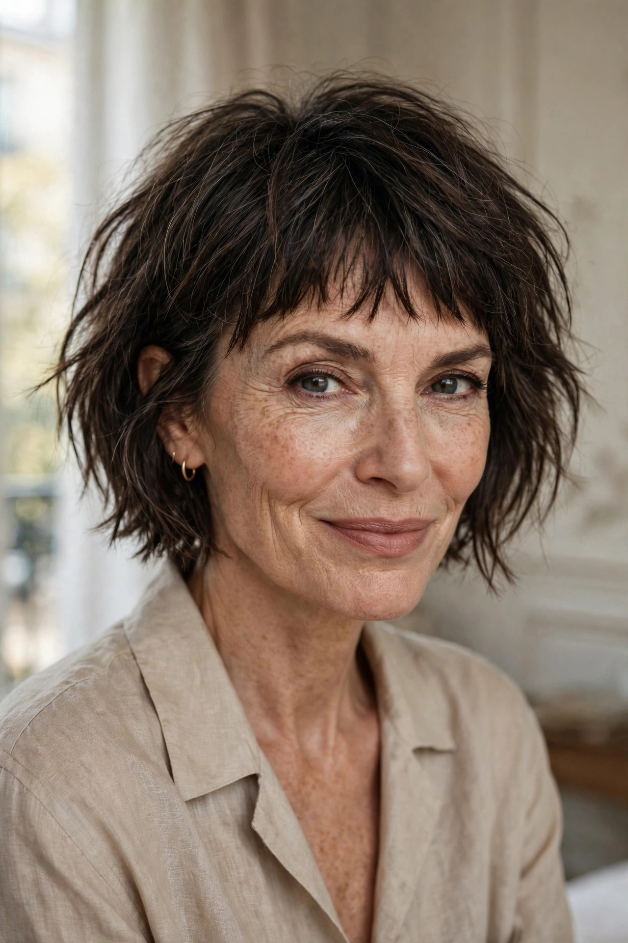 Woman in her 50s with a french-Inspired Choppy Bob with Baby Bangs