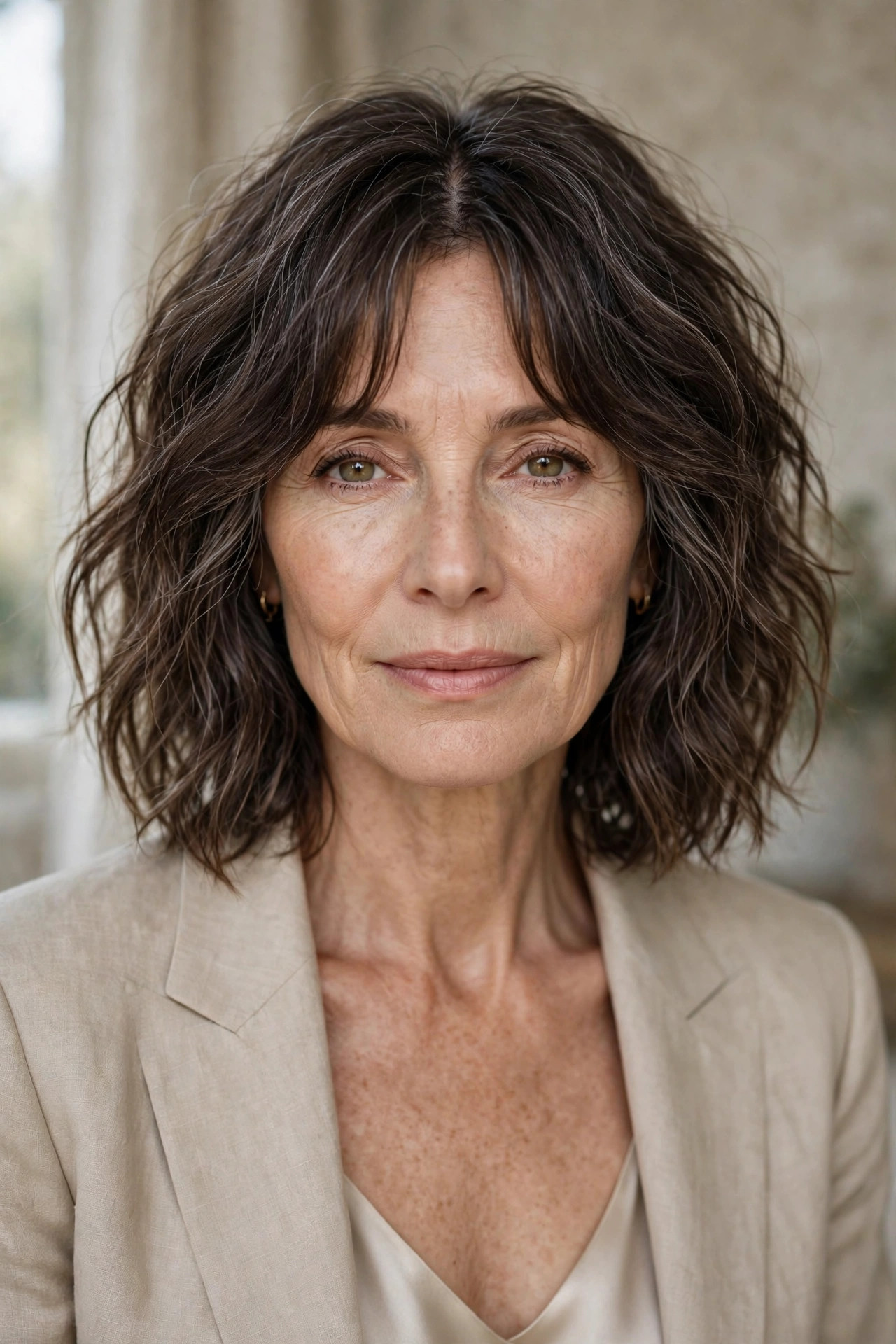 Woman in her 50s with a wavy Choppy Lob with Split Bangs